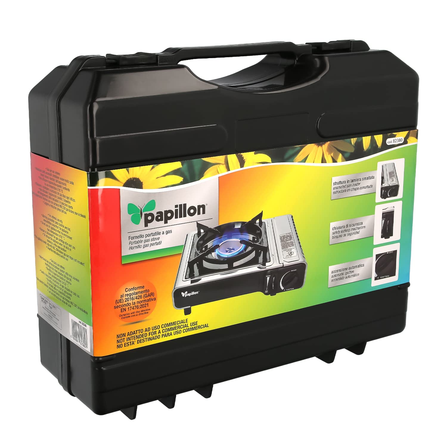 Papillon GAS HOB-02 - Fornello Gas Portatile per cartucce da 230gr. Struttura in lamiera smaltata, innesto rapido cartuccia. Consumo: 160gr/h, potenza 2.200W. Certificazione EN 17476/2021.