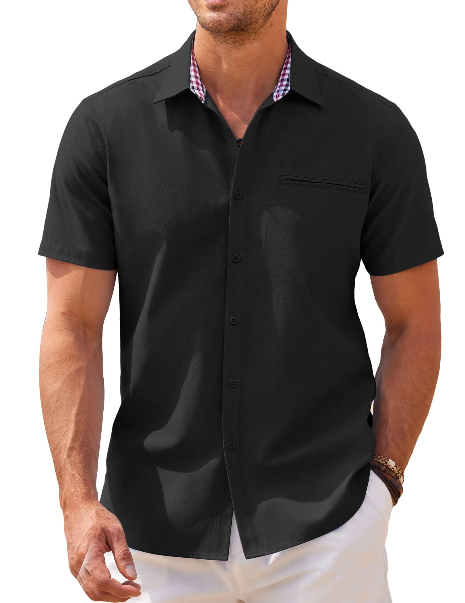 COOFANDY Hombre Camisa Manga Corta Vestir Camisa Oxford Informales Camisa Negocios Algodón Verano con Cuello A Cuadros