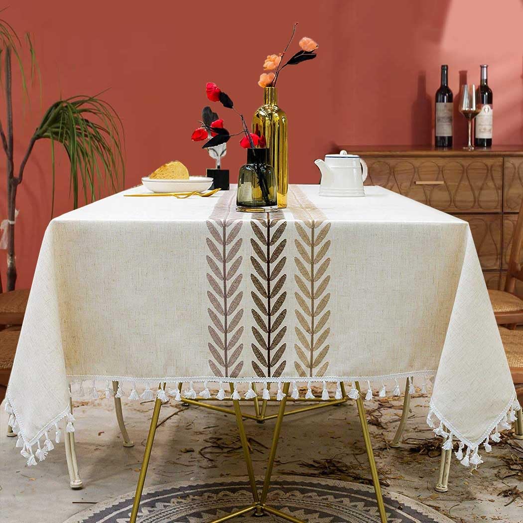 Tablecloths, Cotton Linen Rectangle Table Cover with Tassel, Soft Dinner Kitchen Table Cloth Decoration for Dinning,Party,Kitchen, Farmhouse Style Dinner Table Decro- 79''x55'',4-6 Seats -Brown Leaves