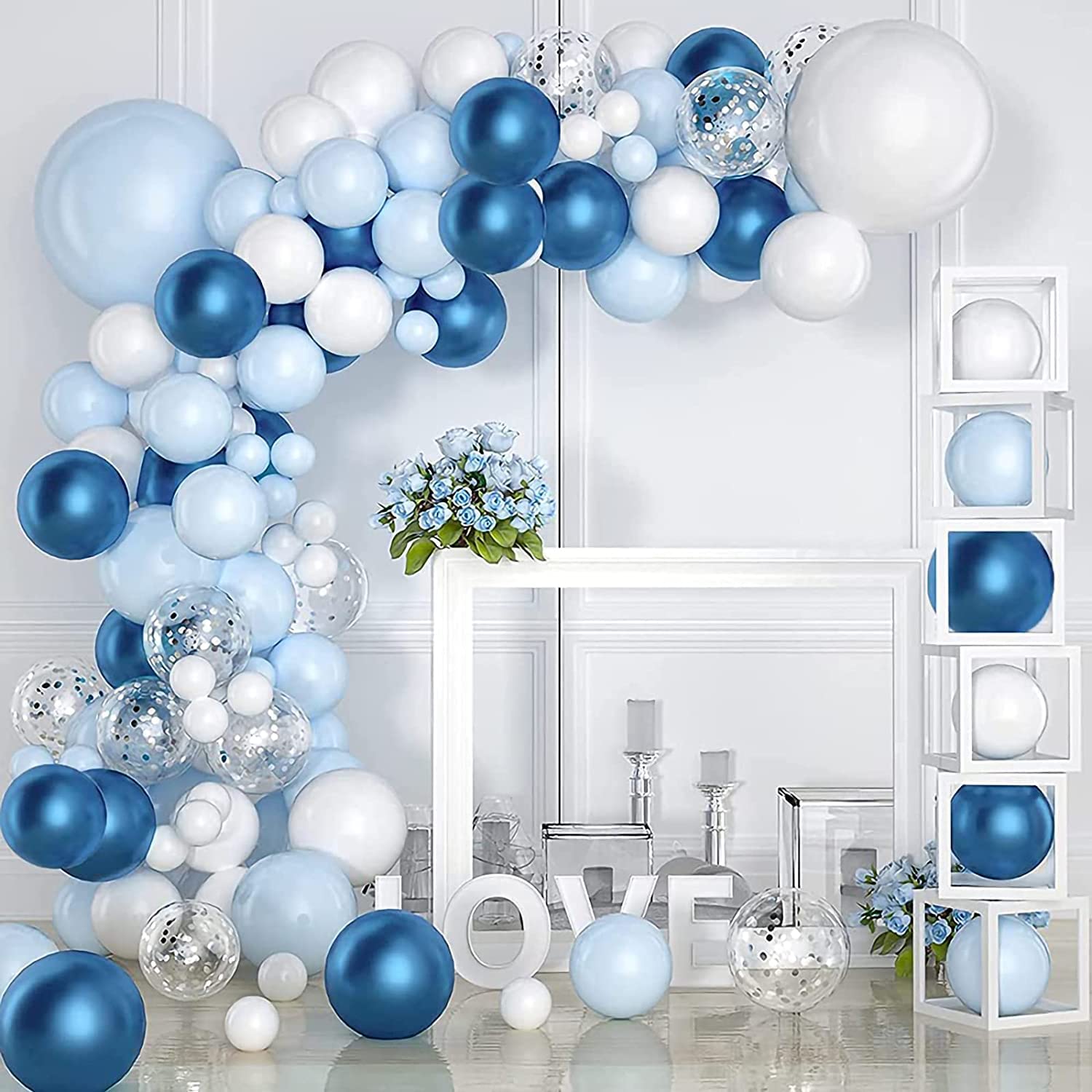 Blue Balloon Garland Arch Kit - 104PCS Metallic Blue White and Silver Confetti Latex Balloons for Baby Shower Birthday Wedding Graduation Bachelorette Anniversary Party Background Decorations