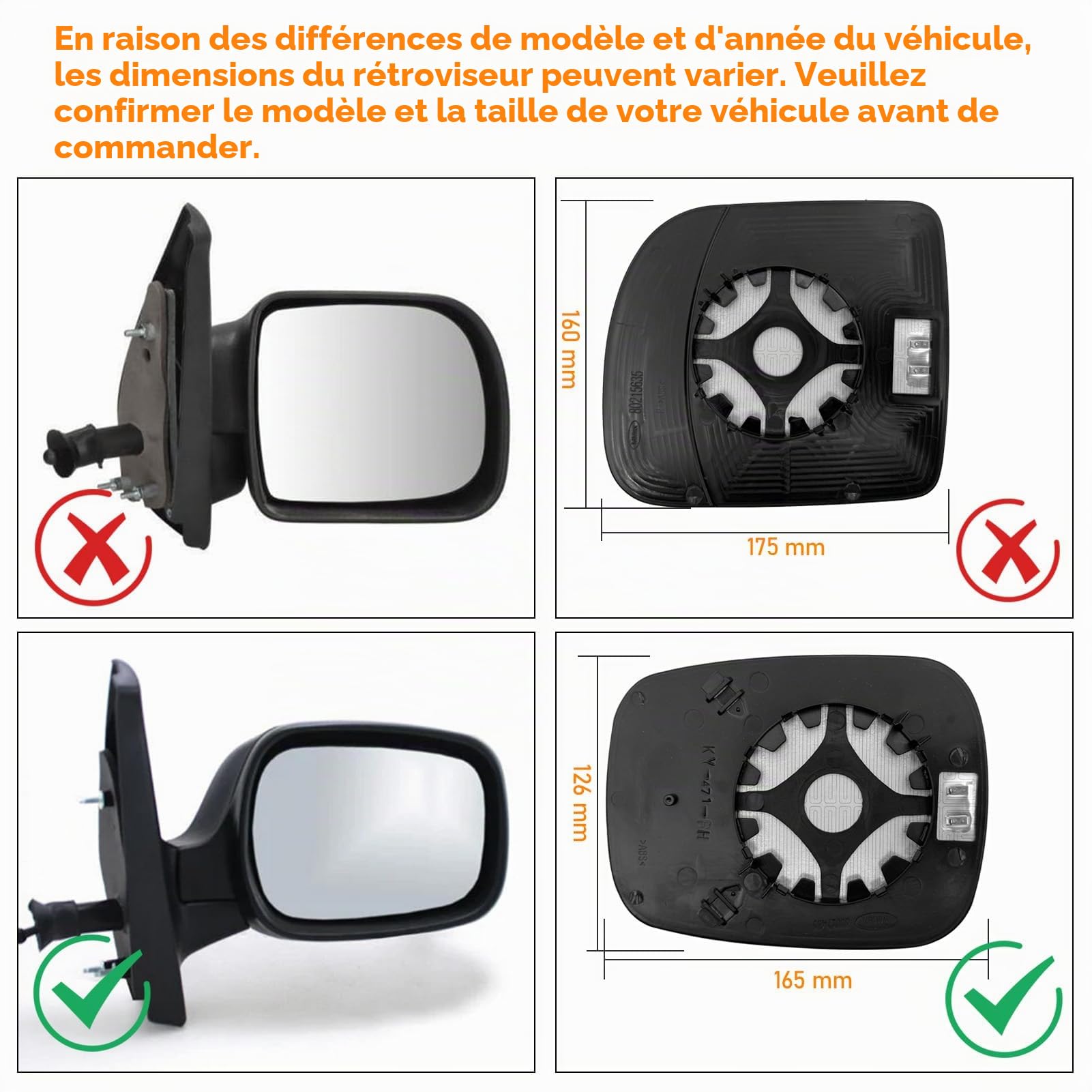 1PCS pour Renault Kangoo I Vitre Rétroviseur Chauffant 2004-2009 | Miroir Rétroviseur Kangoo 1 Verre Retroviseur 2004 2005 2006 2007 2008 2009 Vitre Retro Kangoo I(Universel Gauche/Droit)