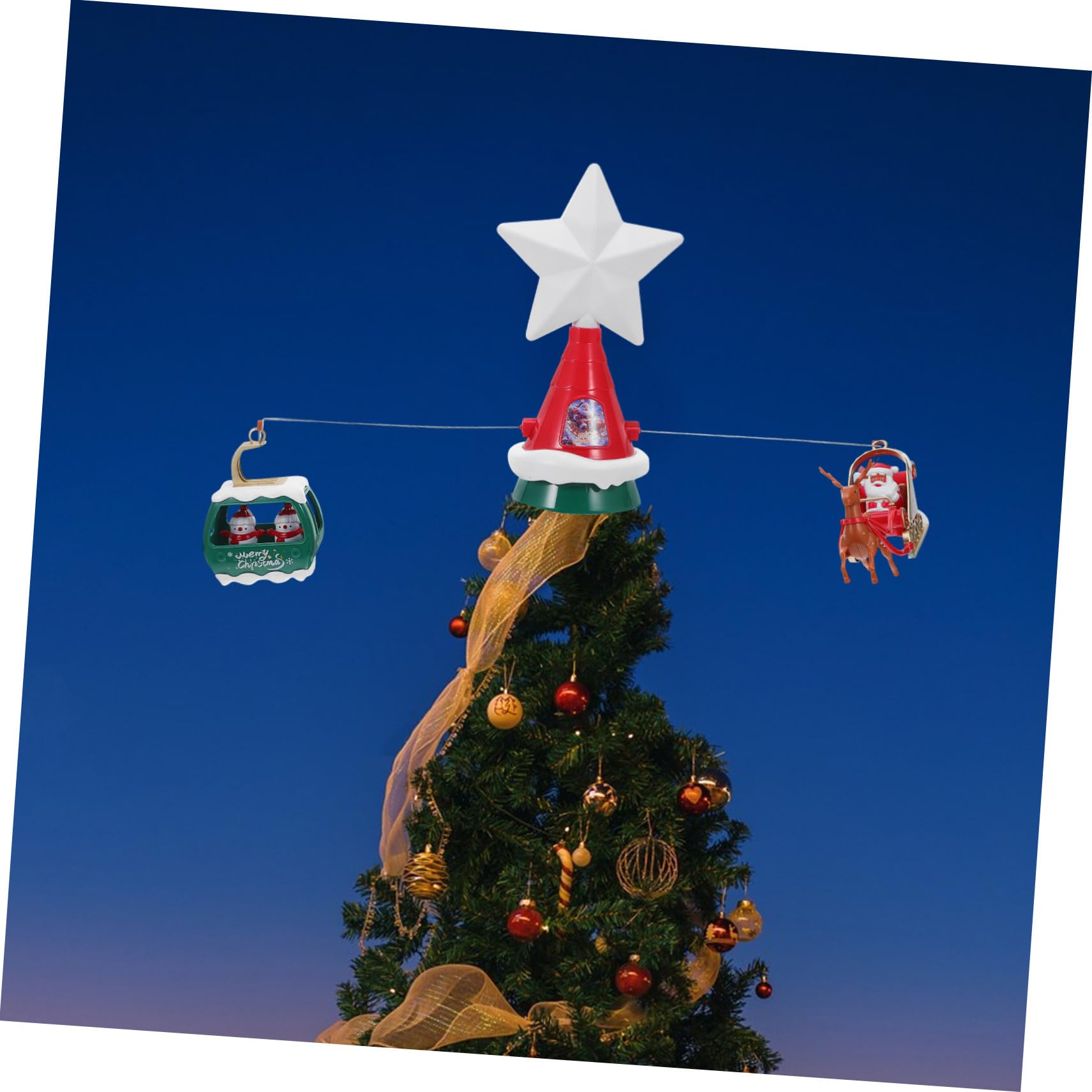 Rotating Christmas Star Topper con Luces LED y Música Adorno Eléctrico con Papá Noel y Renos Estrella Iluminada para Decoración Navideña de Árbol Fiesta y Hogar
