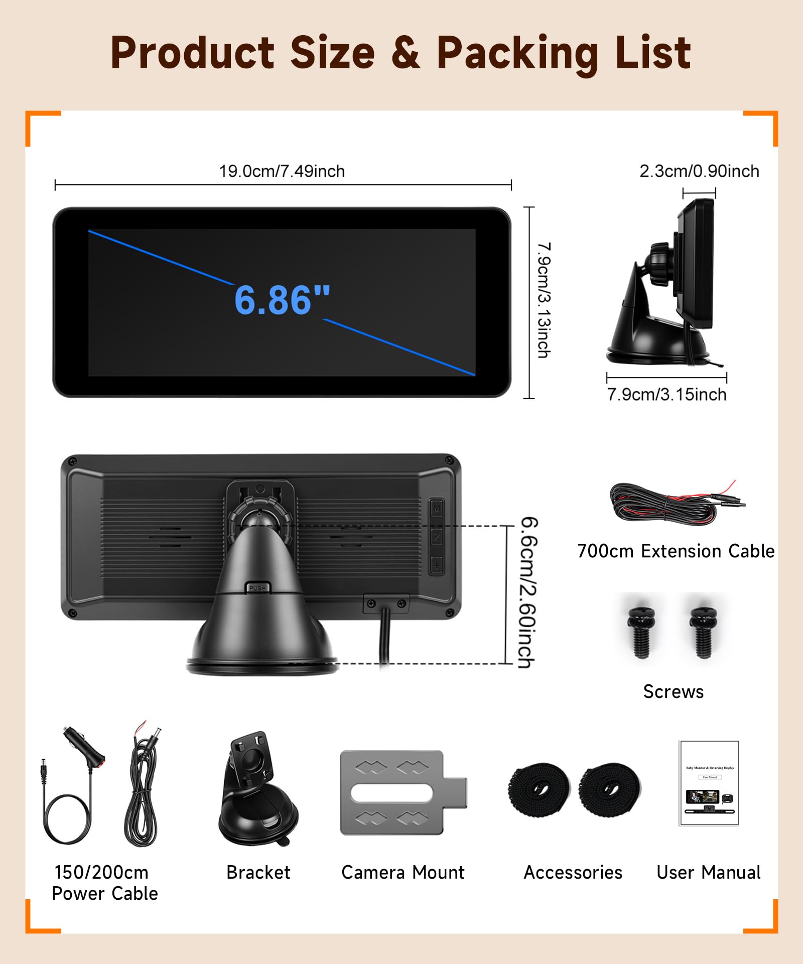 VECHTEL Moniteur Auto 6,86" IPS pour Bébé, Double Caméra 720P, Moniteur avec Caméra pour bébé Rotative 360°/Caméra de Recul IP69 Étanche, Vision Nocturne Grand Angle pour Voiture 12V Camping Car