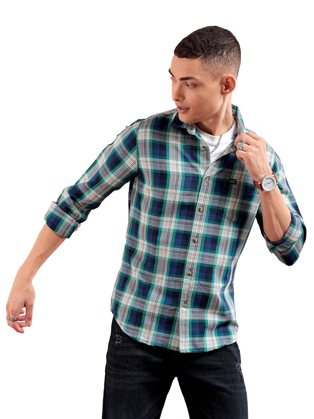 Men Slim Fit Checkered Full Sleeves Spread Collar Casual Shirt-image-29