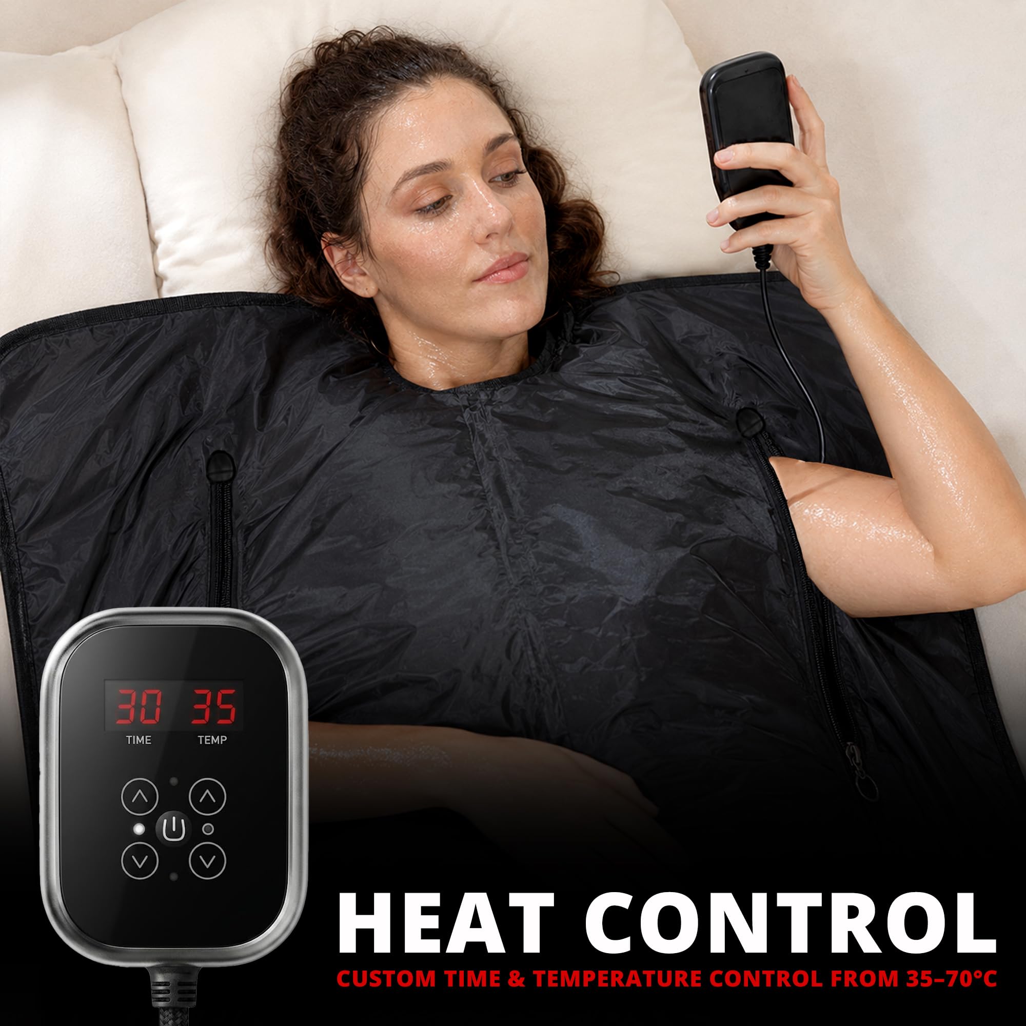 MAXSTRENGTH Koc do sauny na podczerwień do odchudzania i detoksykacji, regulacja temperatury 35-70°C, 180 x 160 cm, domowy koc do terapii spa dla relaksu i regeneracji mięśni (czarny, na całe ciało