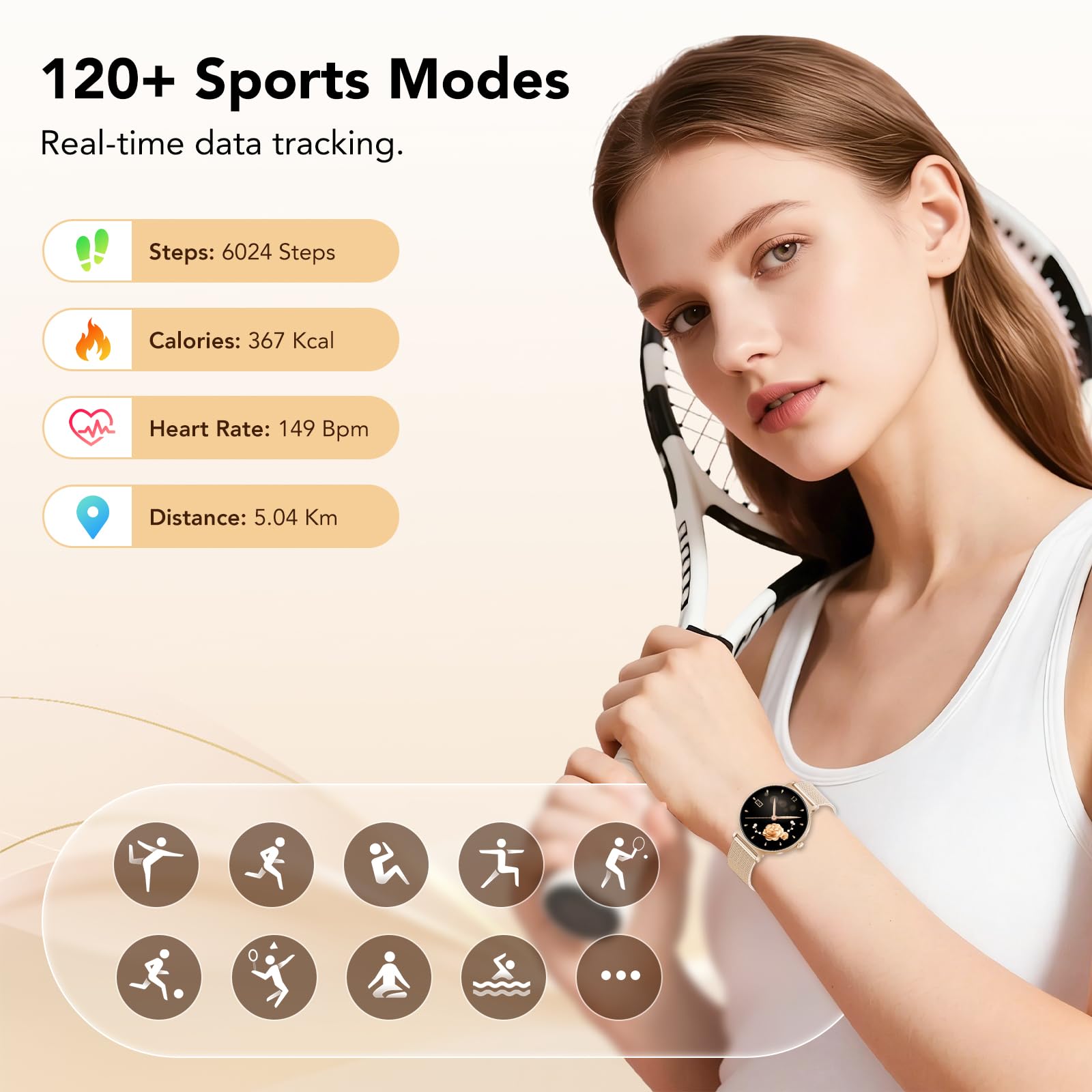 Montre Connectée Femme AMOLED 1,27 pouces HD, Smartwatch Bluetooth 5.4, Montre Intelligente Femme, 120+ Modes Sport, 200+ Cadrans, Suivi Santé 24 h (Sommeil, FC, SpO2), Compatible Android iOS, Or Rose