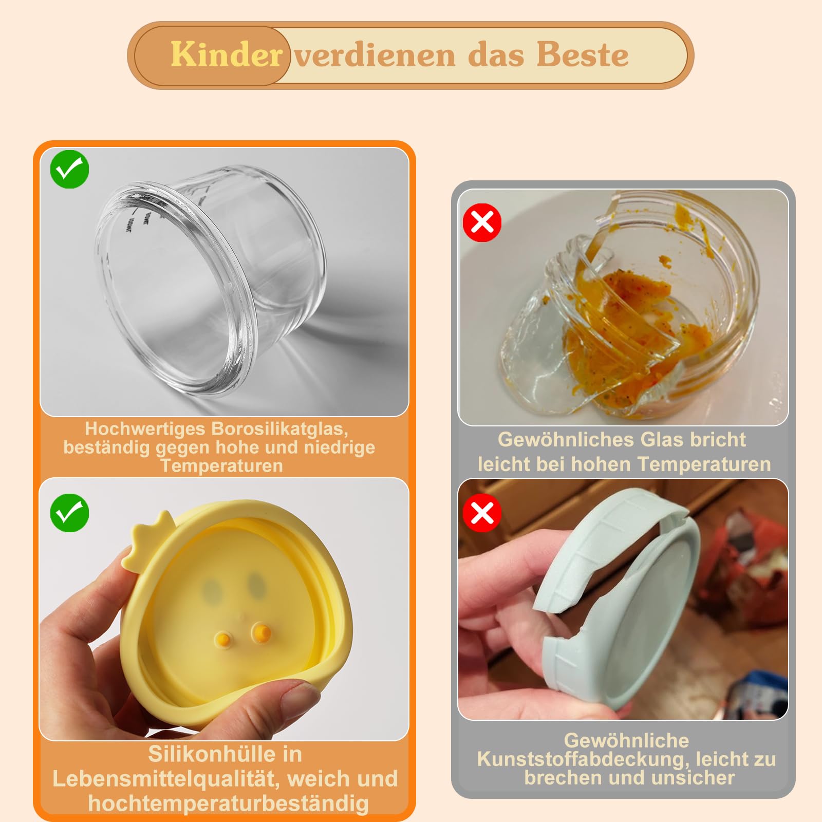4 Stück Verstärktes Glas Babybrei Einfrieren Behälter, Beikost Baby Zubehör, Babynahrung Aufbewahrung, BPA-frei, Auslaufsicher, Mikrowelle, Geschirrspüler & Gefrierschrank sicher
