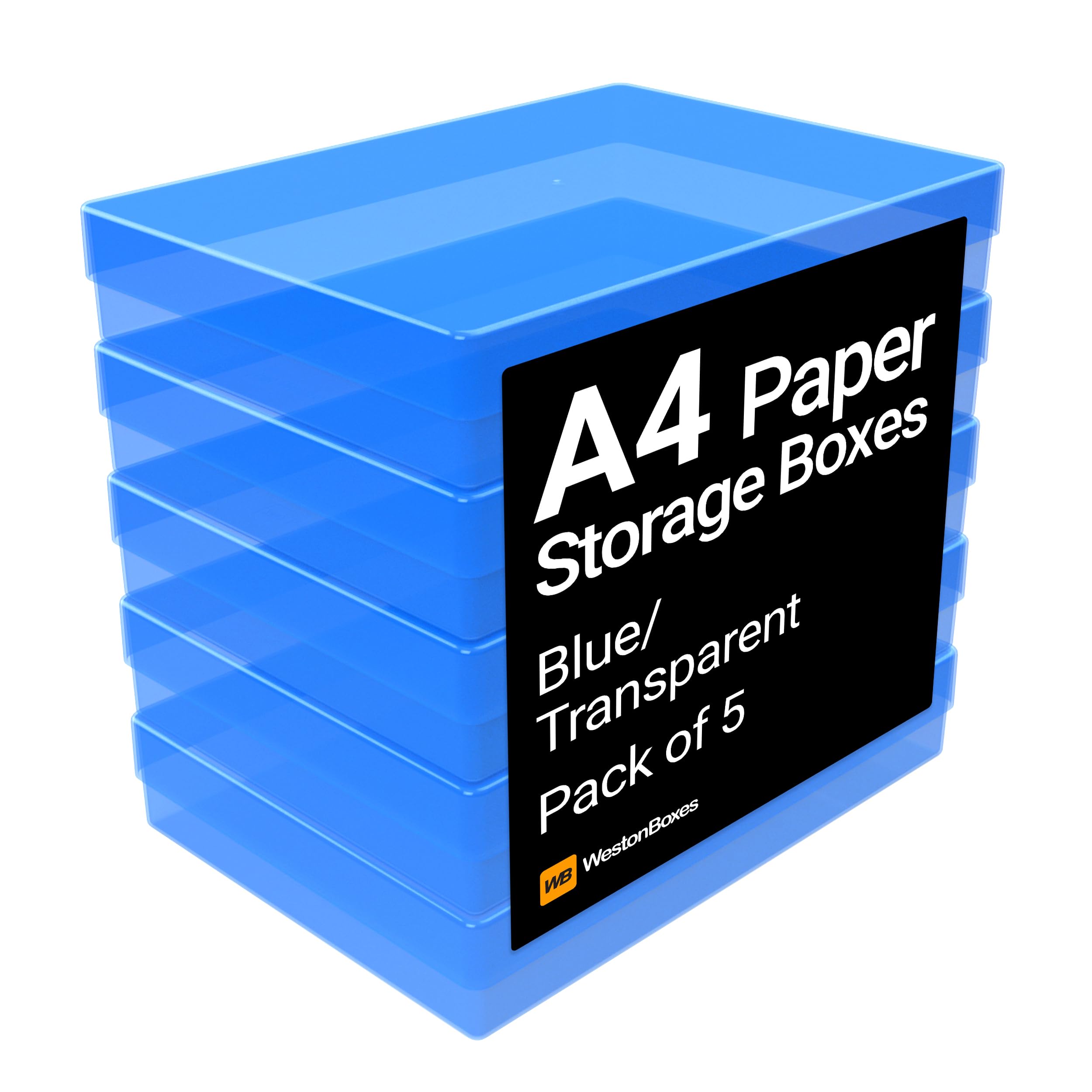 WestonBoxes A4 Colourful Transparent Plastic Craft Storage Boxes with Lids for Art Supplies, Paper and Card (Blue/Transparent, Pack of 5) โ image 1