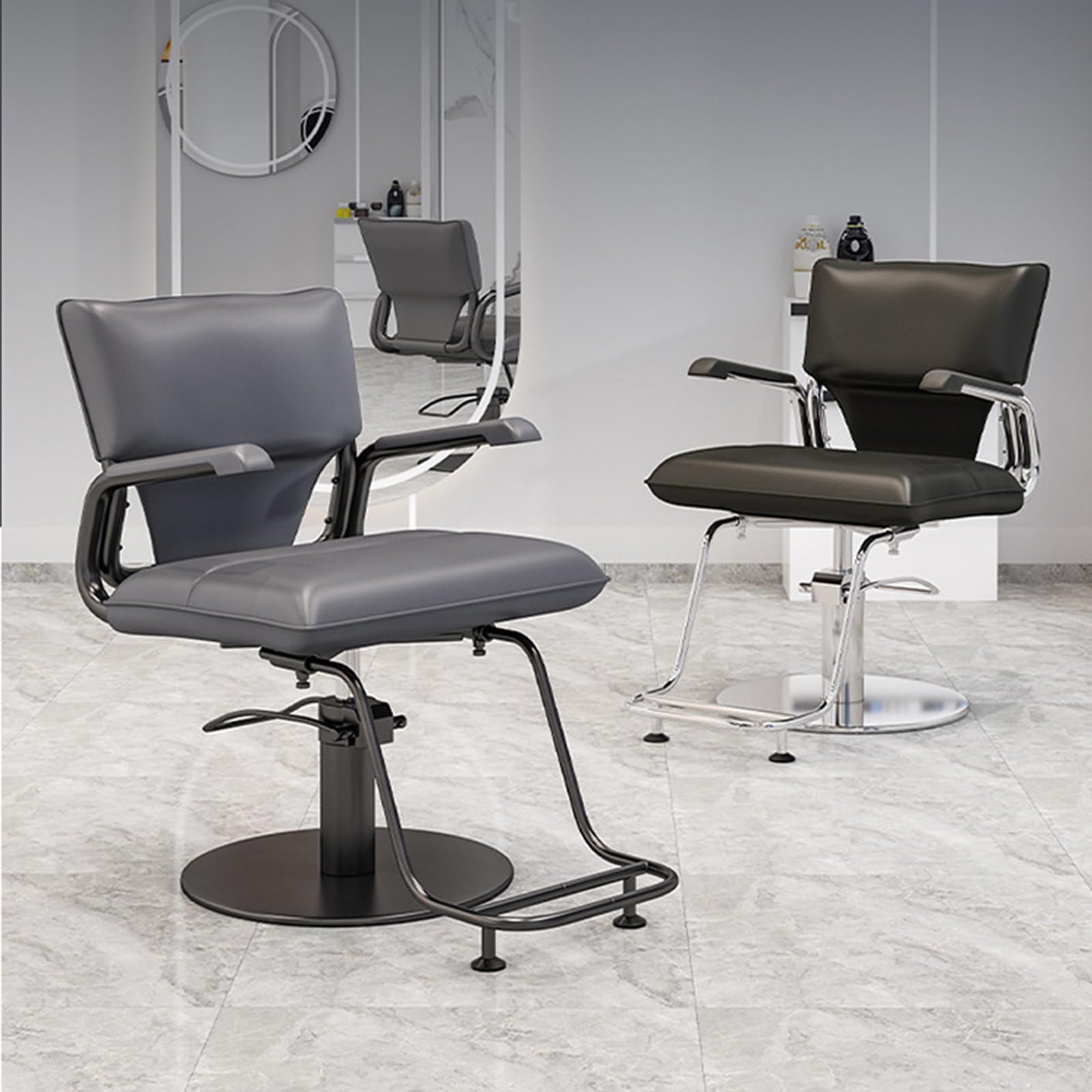 Niedrogie krzesło do salonu z podłokietnikami, obracany o 360°, hydrauliczny, skórzana, tapicerka, srebrna podstawa ze stali nierdzewnej i podnóżek, do salonu fryzjerskiego (szary)