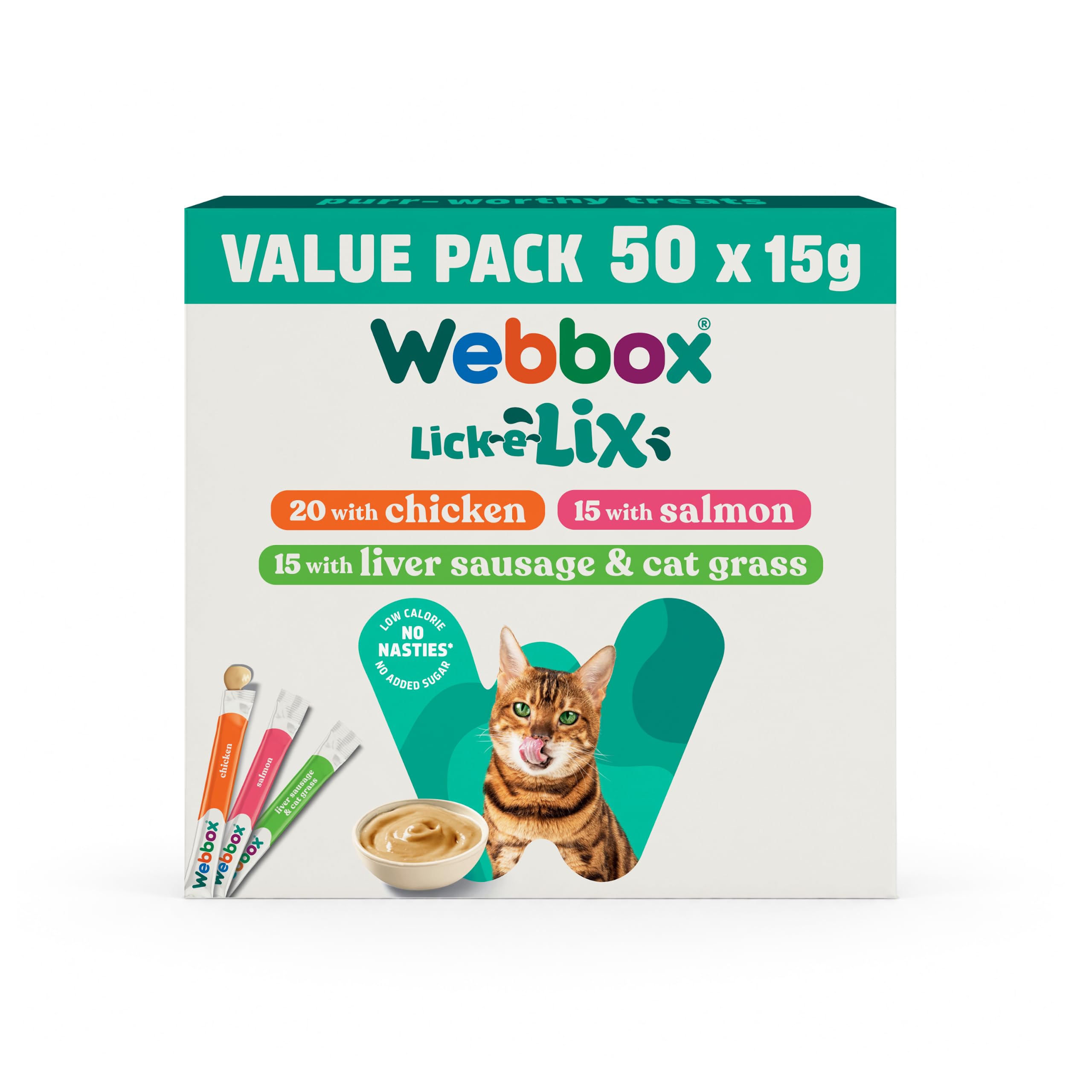 Webbox Lick-e-Lix Cat Treats Variety Value Pack - Kitten Friendly, Grain Free, No Artificial Preservatives or Colours (50 Pack)