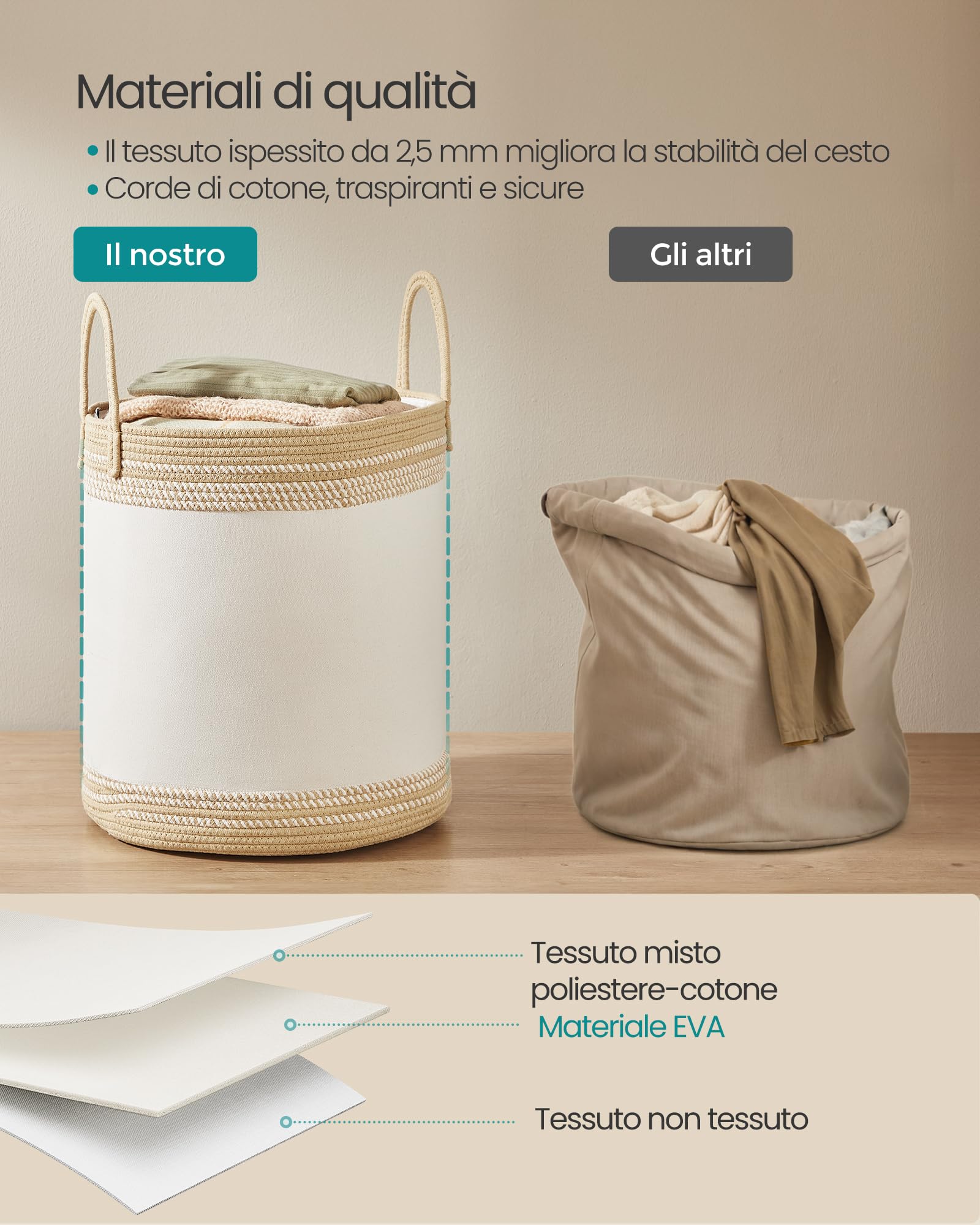 Cesto per biancheria in corda di cotone intrecciata, 60 litri per riporre vestiti sporchi o giocattoli, grigio | Leroy Merlin