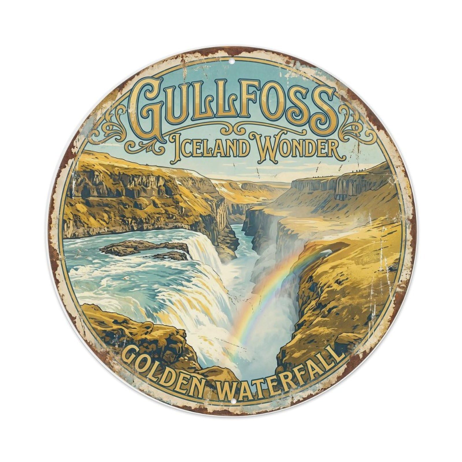 Vintage Travel Gullfoss Iceland Golden Metal Tin Sign