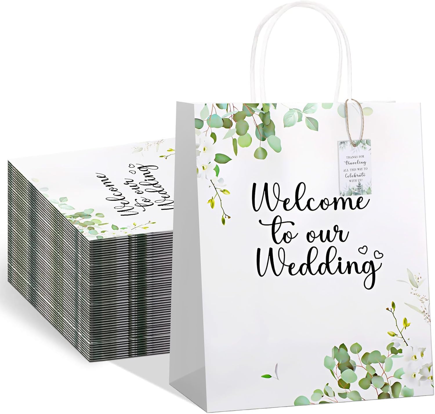 Watersay 100 Set Wedding Welcome Gift Paper Bags with Tags for Hotel Guests Wedding Party Favors Supplies, 8.3 x 4.3 x 10.6 Inch