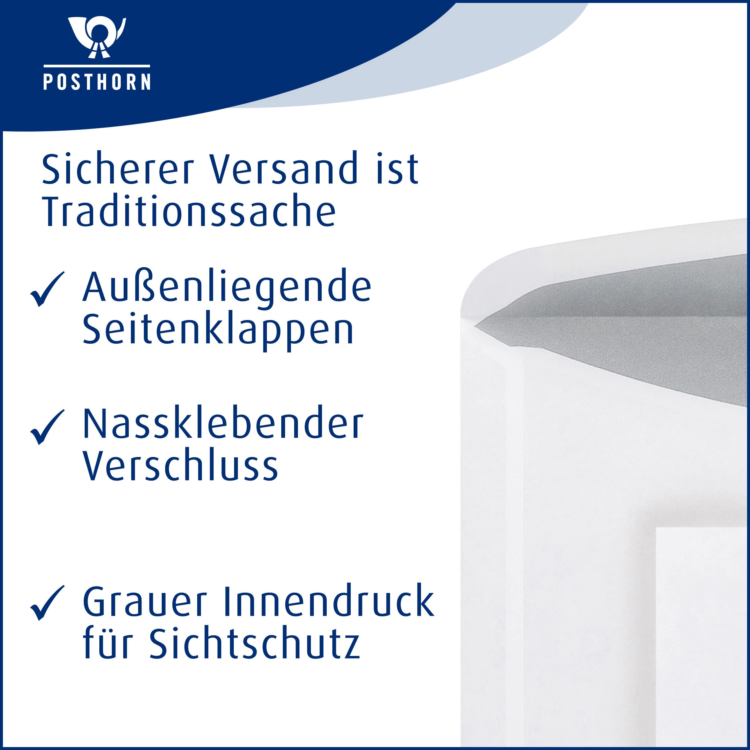POSTHORNvelox Briefumschlag C6/5 (1000 Stück), nassklebende Fenster-Briefumschläge mit außenliegenden Seitenklappen, weiße Kuvertierhüllen mit grauem Innendruck, 114 x 229 mm, 80g/m² | nassklebende Fenster-Briefumschläge mit außenliegenden Seitenklappen -