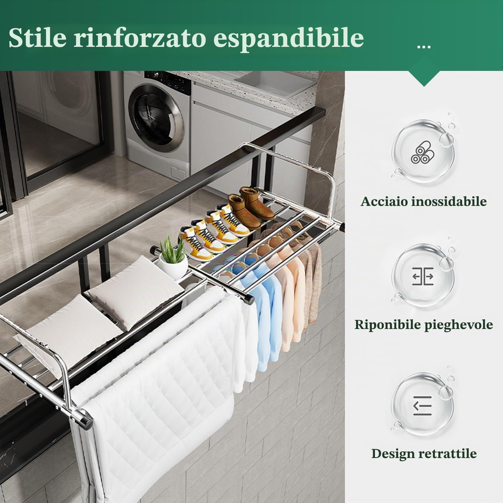 Stendino da Balcone in Acciaio Inox Allungabile per Uso Interno ed Esterno, Per Vestiti e Scarpe, Mit Verstärkungsleiste, 10-Loch-Verstellung, Stendibiancheria (86-160cm)