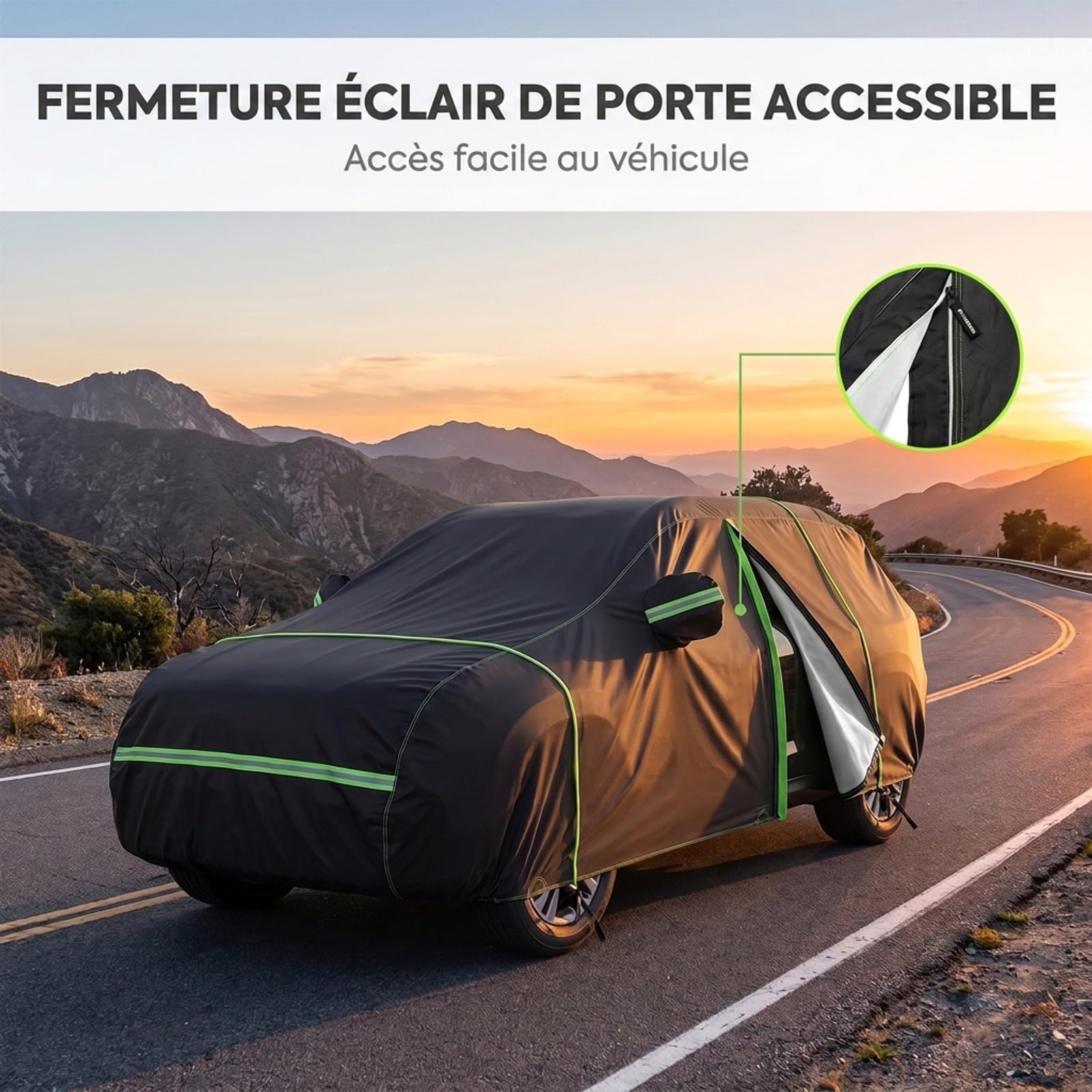 NEVERLAND Bâche Voiture SUV Imperméable 6000PA 6 Couches PEVA Coton Noir | Fermeture éclair conducteur, bandes réfléchissantes, fixation anti-vent, protection UV, compatible Peugeot 2008/Renault