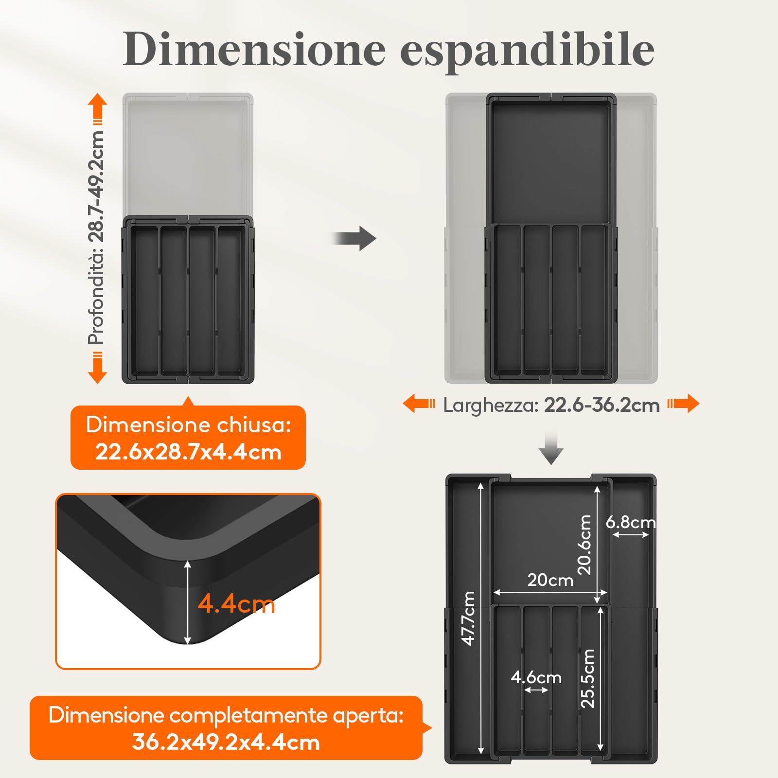Lifewit Organizer Cassetti Cucina Regolabile, Vassoio Plastica per Utensili e Coltelli, 4-7 Scomparti, Larghezza 22,5-36 cm, Nero