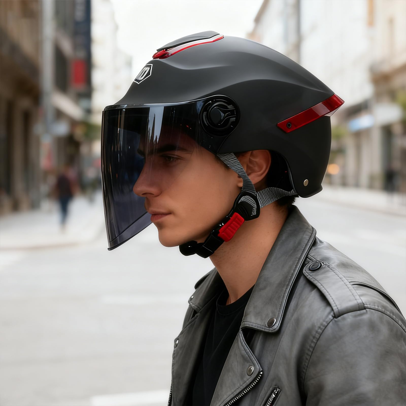 Casco Abierto clásico, Medio Casco con Visera, Hebilla de 7 Secciones, Carcasa de 709abs combinada con Capa de amortiguación Eps