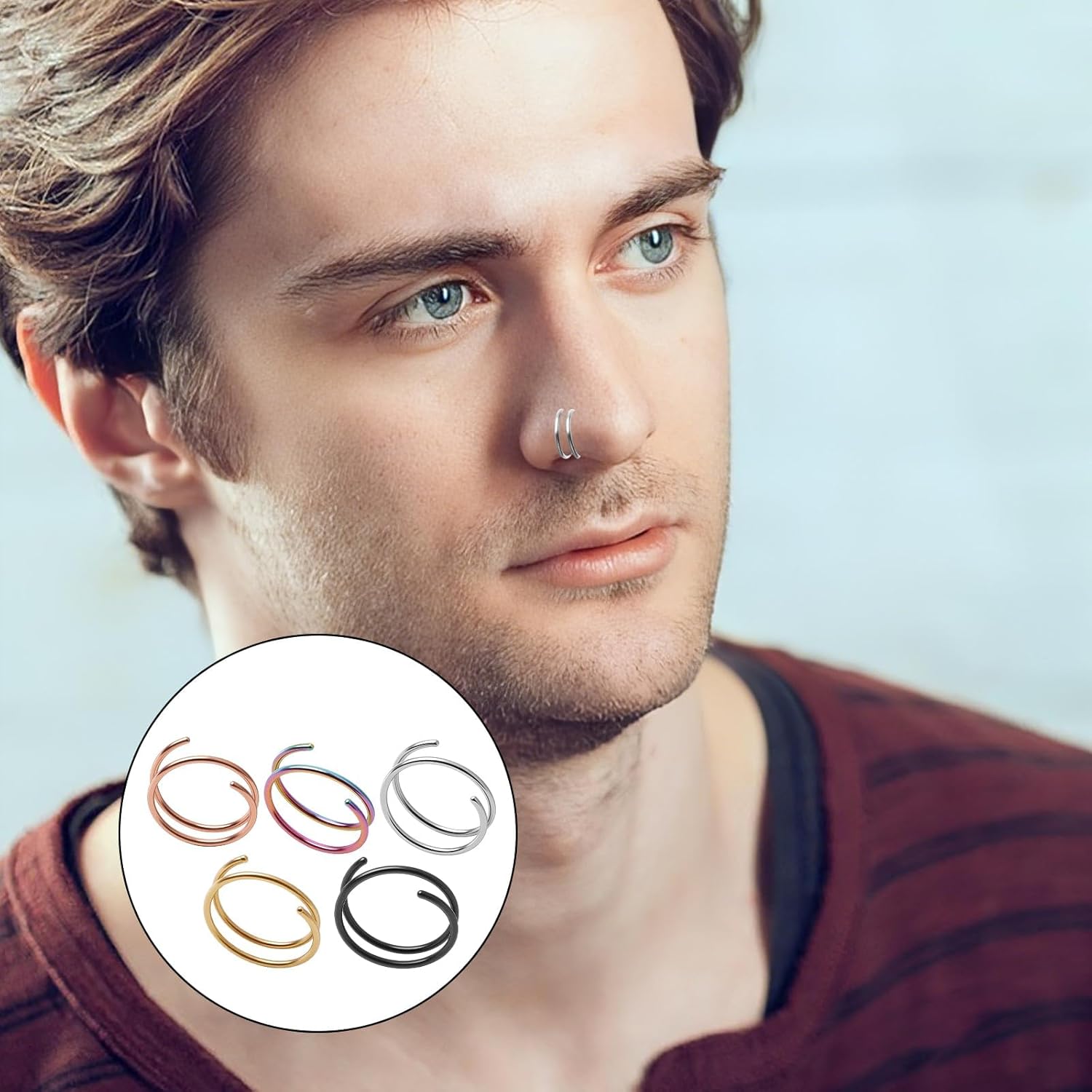 15PCS Clip On Septum Nose Ring, 2 Size Clip Nose Ring-8mm/ 10mm, Stainless Steel Gothic Clip on Non piercing, Nose Rings Hoops Double Hoop Nose Ring, Fake Piercing Jewelry Hoop for Faux Lip Septum Nose Ring ﻿ - Image 5