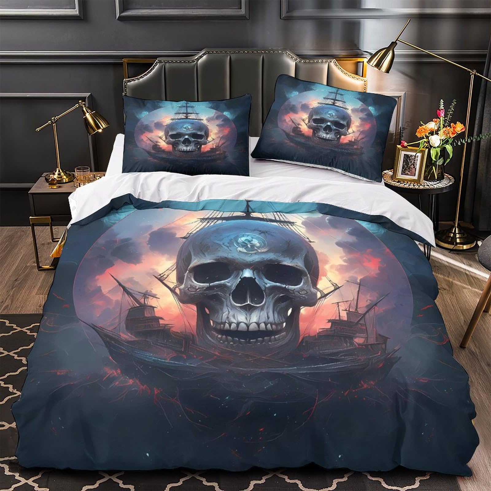 MMDASBVPE Pirate Skull Comforter Cover 3D Print Extra Soft 3-Piece Bed Set Hidden Zipper Dark Fantasy Quilt Cover Premium All Season for Adults Women Kids Girls Boys Teens Youth Double（200x200cm）