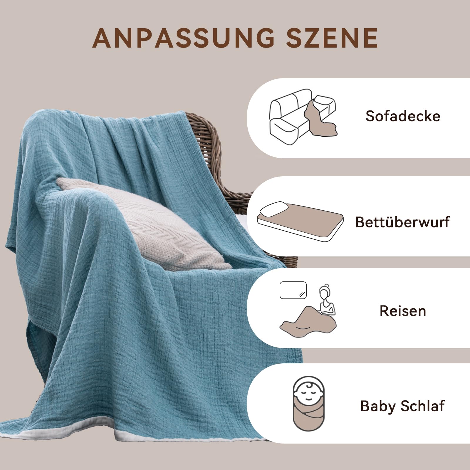 SE SOFTEXLY Musselin Decke 100% Baumwolle 4-Lagig Atmungsaktiv Weich Kuscheldecke Sofadecke Erwachsene Leichte Tagesdecke (See-Blau, 130x150 cm)