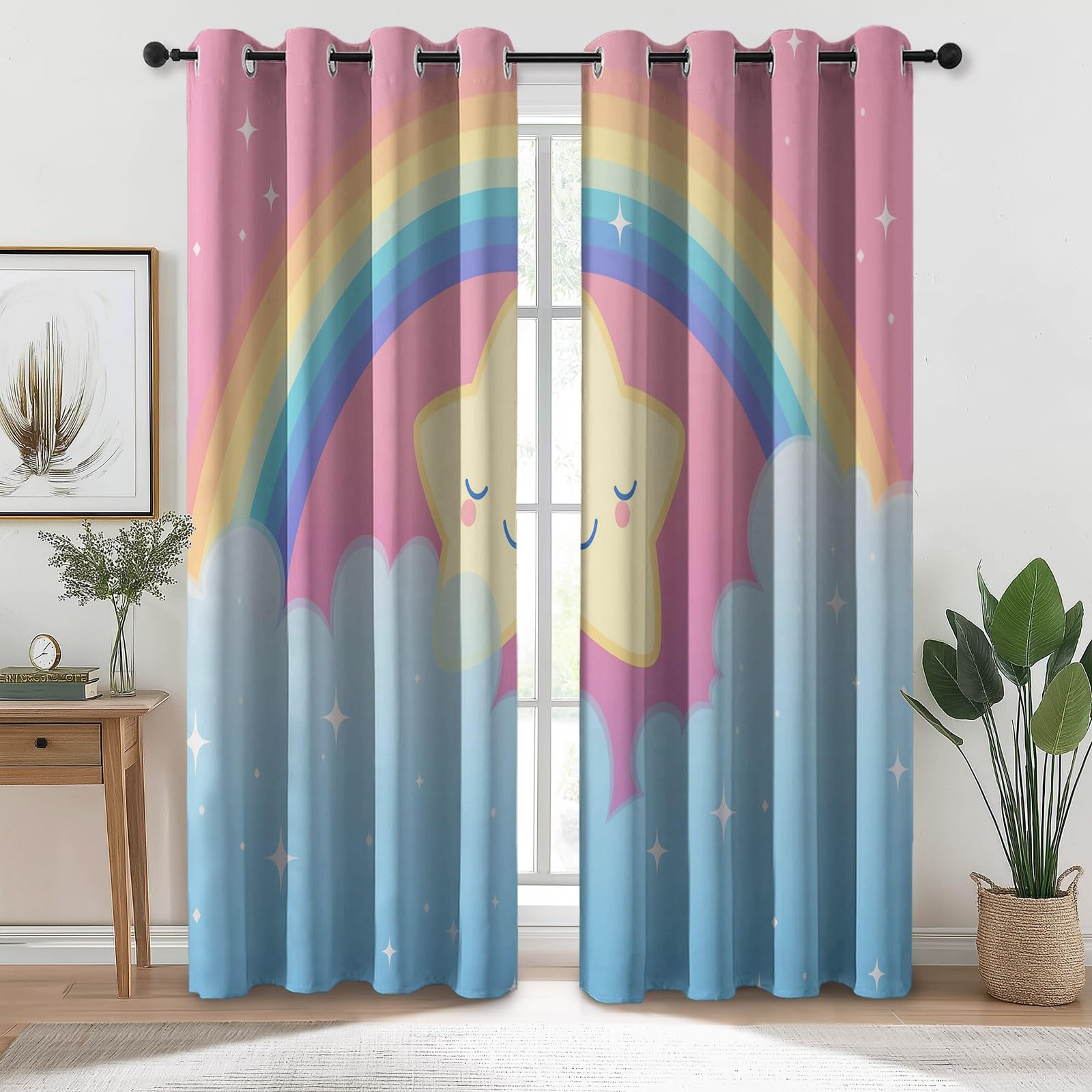 Śliczne nieprzezroczyste zasłony z kreskówek chmury gwiazdki - 140 L x 260 H cm (2 panele) zasłona 100% blokada światła termoizolacyjne zasłony z oczkami, różowo-niebieskie zasłony do salonu sypialni
