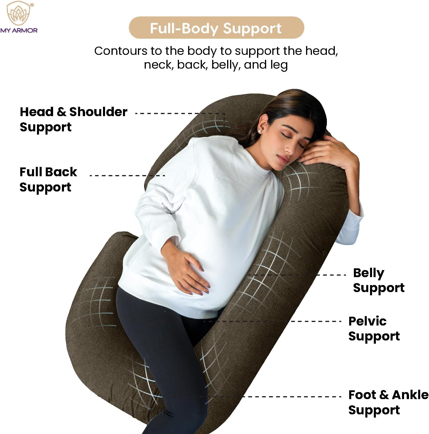 Pregnancy Pillow C Shape for Sleeping, Maternity Pillow for Pregnant Women with Premium Washable Velvet Cover (Brown, Pack of 1)