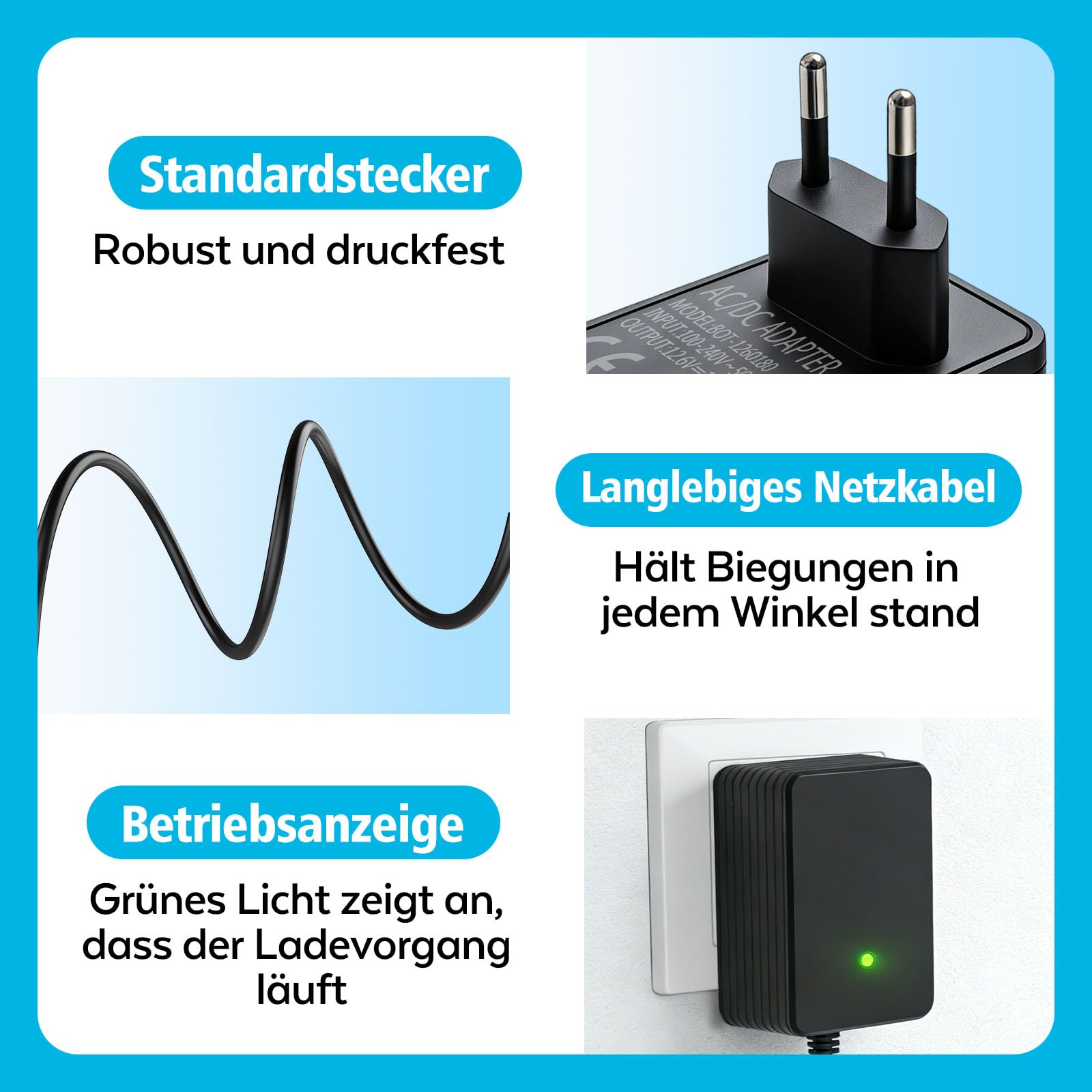Caricatore per robot da piscina, 12,6 V, per Steinbach, Poolrunner Battery Basic 2.0, alimentatore di rete, corrente costante con luce rotante