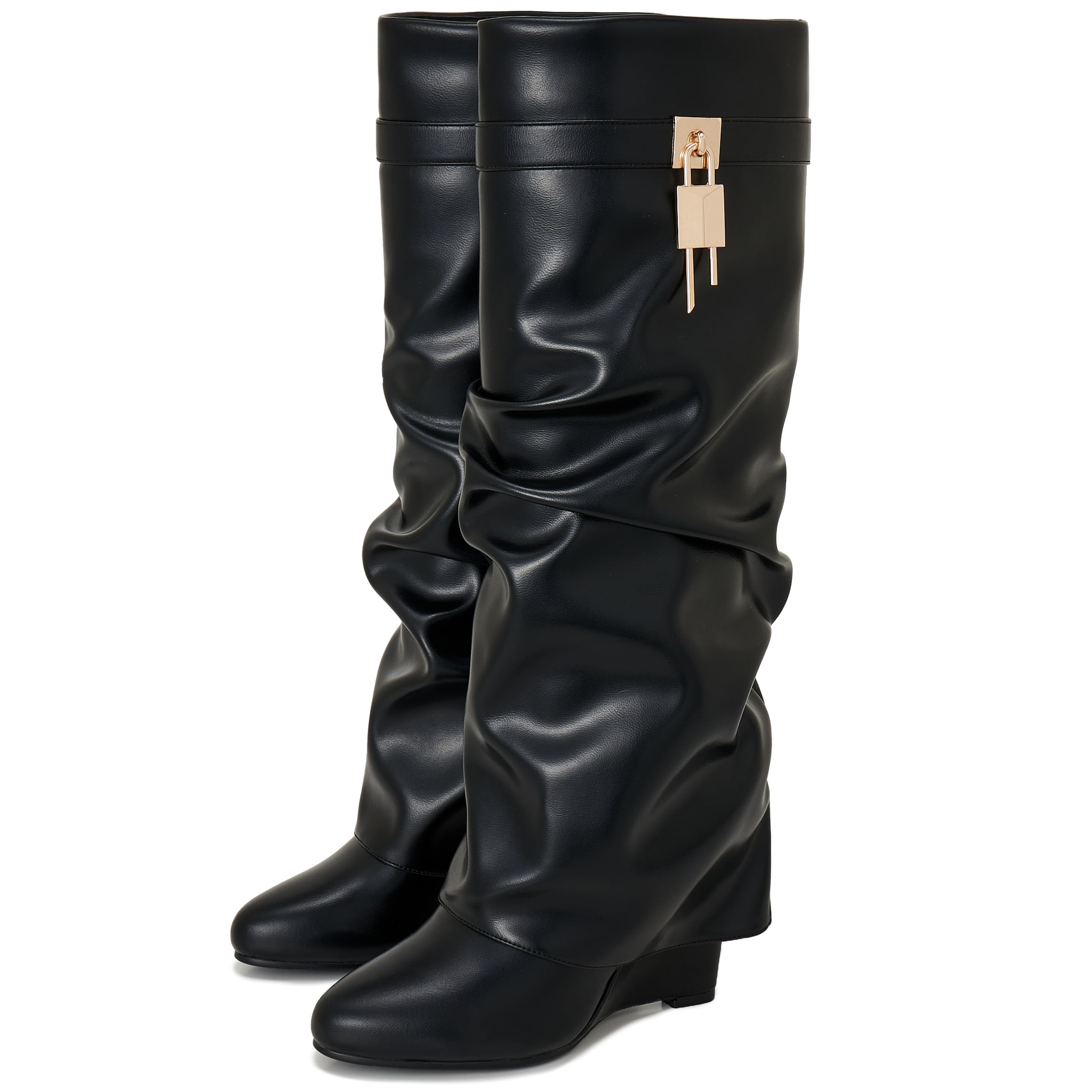 Fold Over Boots for Women Pointy Pull-on Wedge Heel Knee Shark Boot With Side Zipper Padlock Design