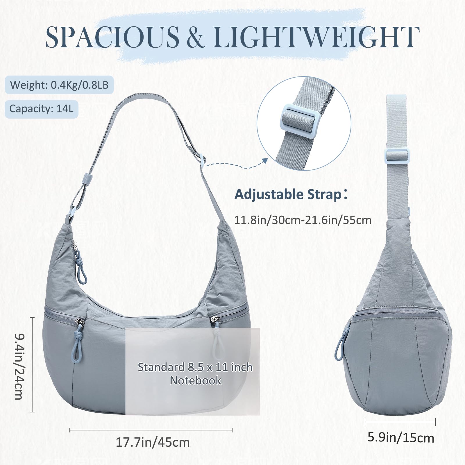VASCHY Bolso Bandolera Mujer Grande Media Luna Impermeable Ligero de Nylon Estilo Boho Deportivo con Correa Ajustable y Múltiples Bolsillos para Universidad Trabajo y Viaje