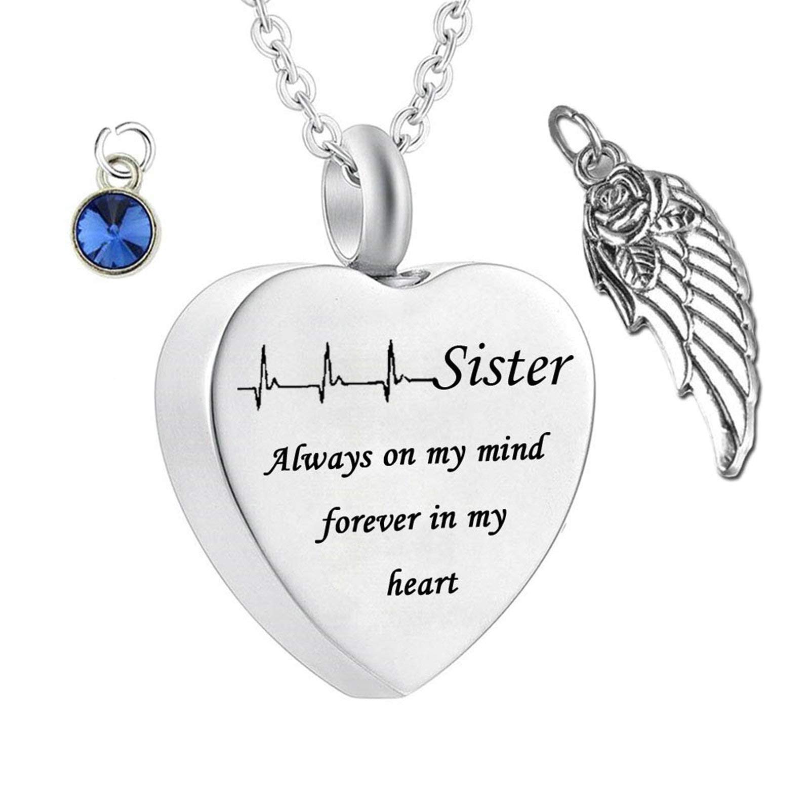 KnSamHeart Cremation Urn Necklace for Ashes Stainless Steel Electrocardiogram Sister Always On My Mind Forever in My Heart