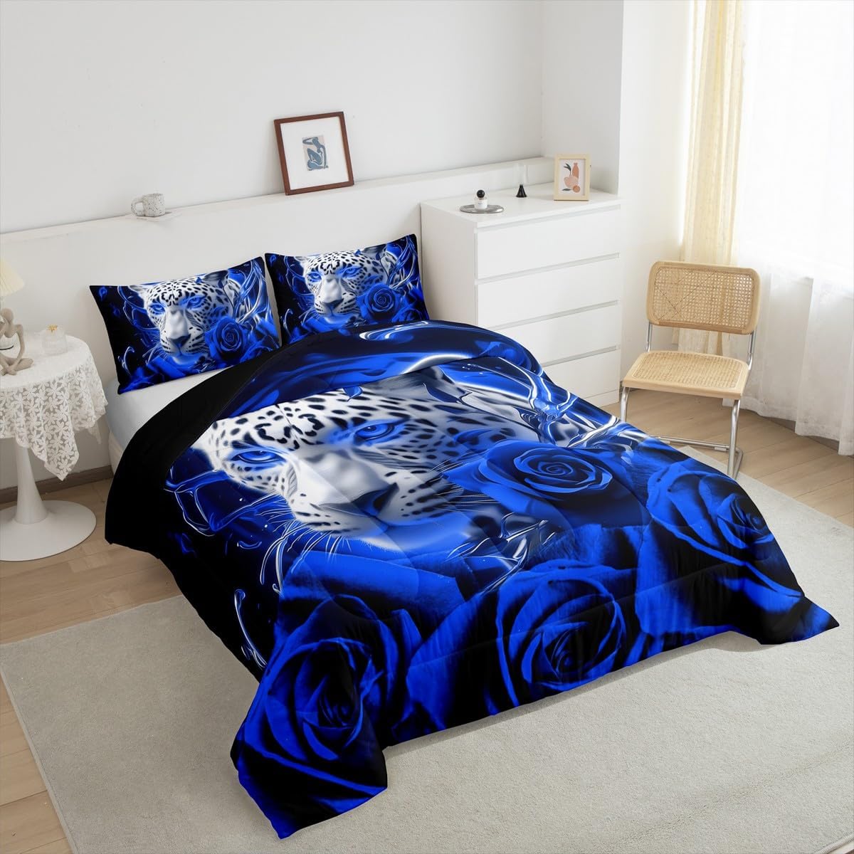 Feelyou Rose Leopard Bedding Set Blue Black Animal Floral Comforter Set King Size for Teens Boys Girls Blue Rose Comforter Soft Leopard Bed Set