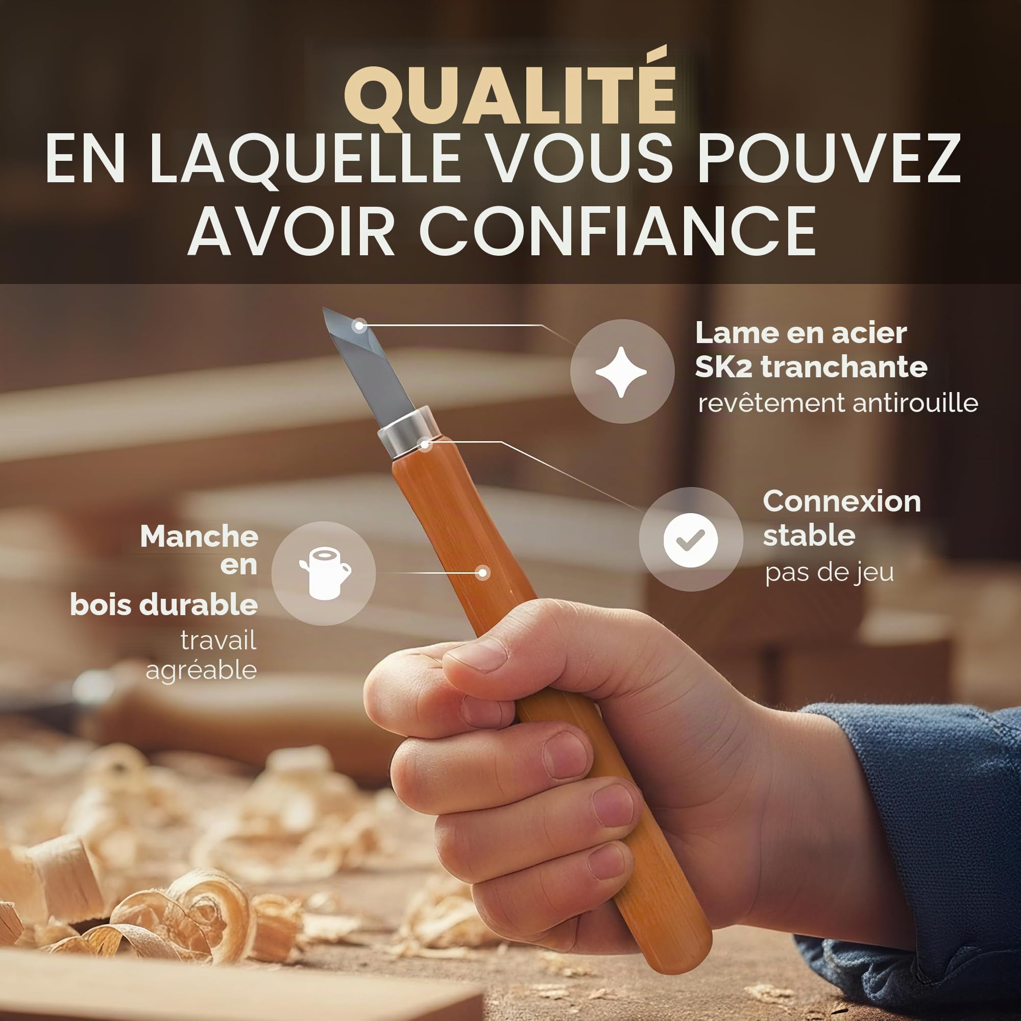 HOLZWURM Set d'outils de sculpture sur bois 12 pcs, sachet, instructions (EN) et pierre à aiguiser inclus, set de couteaux de sculpture sur bois idéal pour les débutants et les professionnels