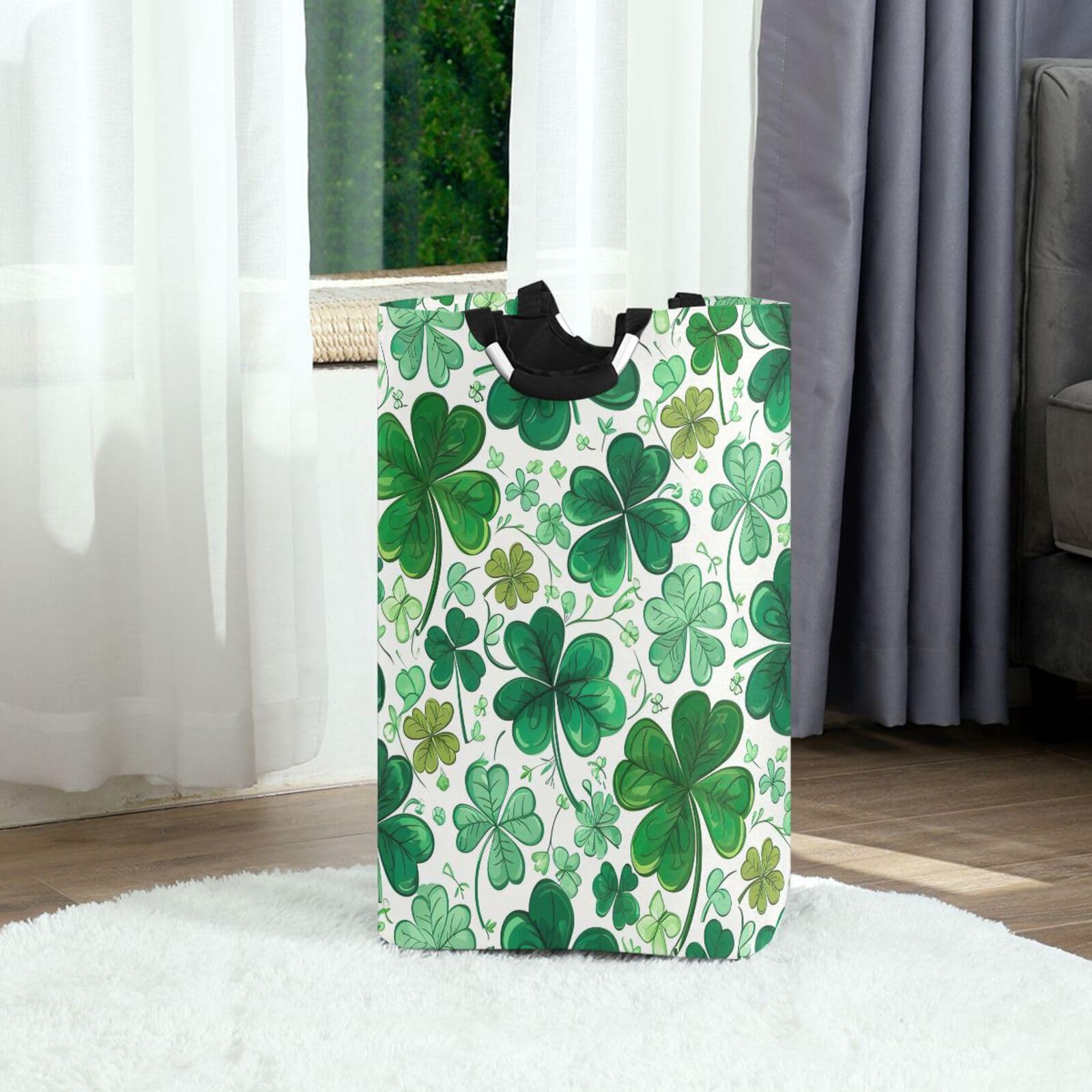 Jihqo Laundry Hamper Basket St Patrick's Clover Pattern Collapsible Nursery Storage Bin Waterproof Clothing Baskets for Home Bedroom Bathroom Washing Room