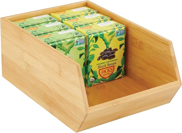 mDesign Large Stackable Storage Box  Multi-Purpose Wooden Storage Box for Kitchen Cupboard, Shelf and Surfaces  Open-Top Kitchen Storage Unit Made of Bamboo  Natural