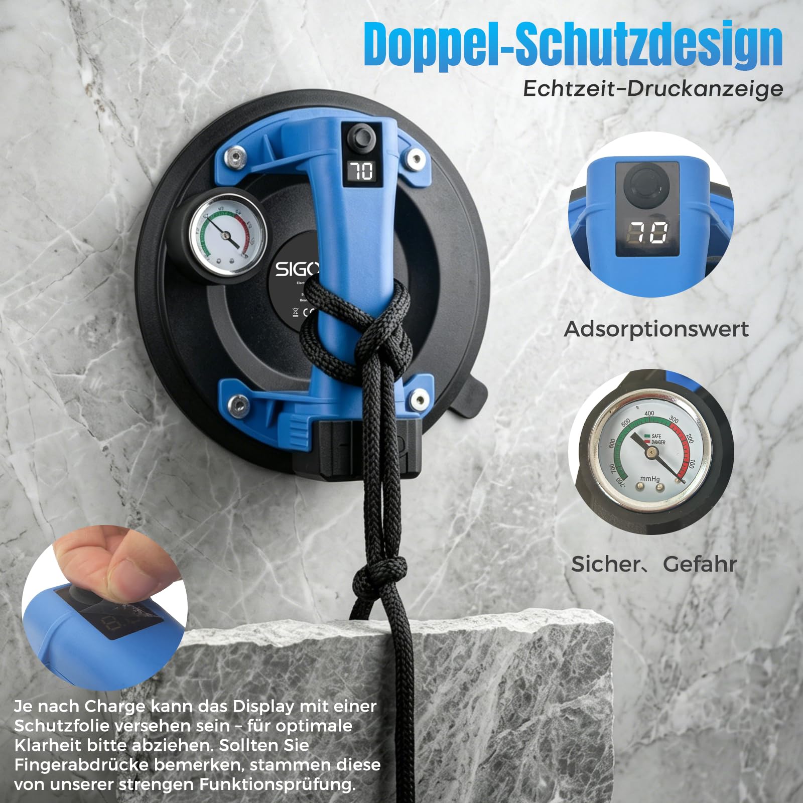 8" Akku Saugheber für Fliesen 130kg, Elektrischer Vakuumheber mit Metall-Manometer & LCD-Display, 2x Digital-Akkus (USB-Ladung), Saugheber für Glas und Glatte Oberflächen
