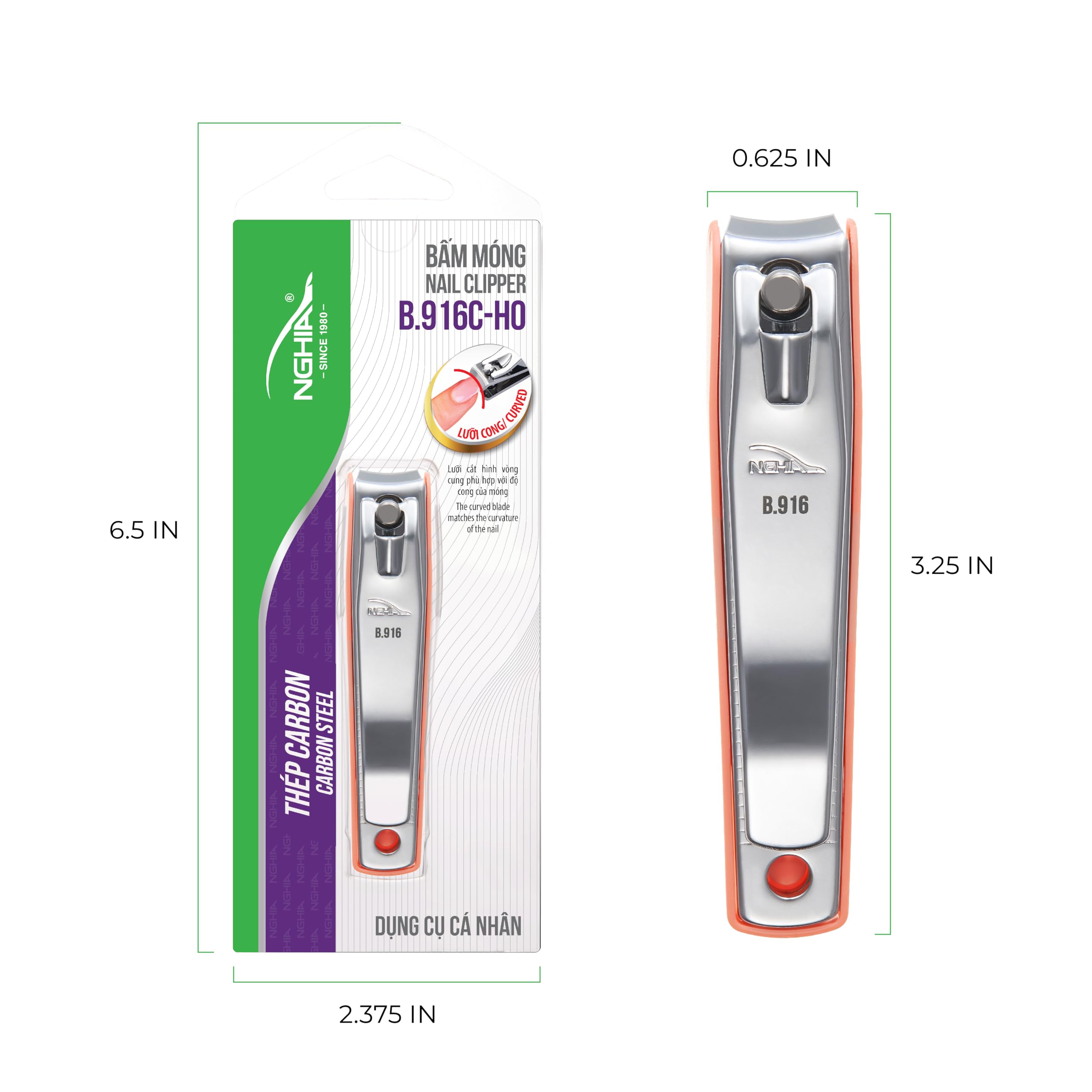 Advance Self-Collecting Nail Clipper - B.916 Combo | Carbon Steel, Large Jaw, Curve Bladed | Grey Plated - Green | NGHIA