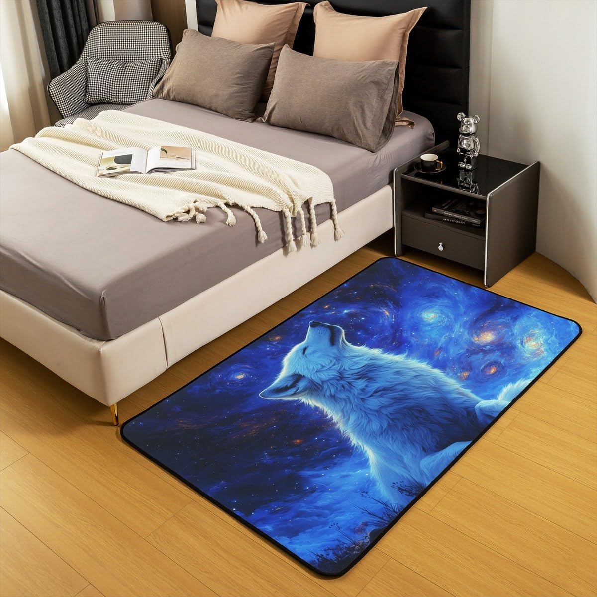 3D Wolf Area Rug,Wild Animals Indoor Floor Mat Entrance Rug for Kids Boys Teens,Blue Starry Sky Galaxy Non Slip Rug Western Moon Night Wolf Theme Chairs Couch Living Room Decor,5x6'6''