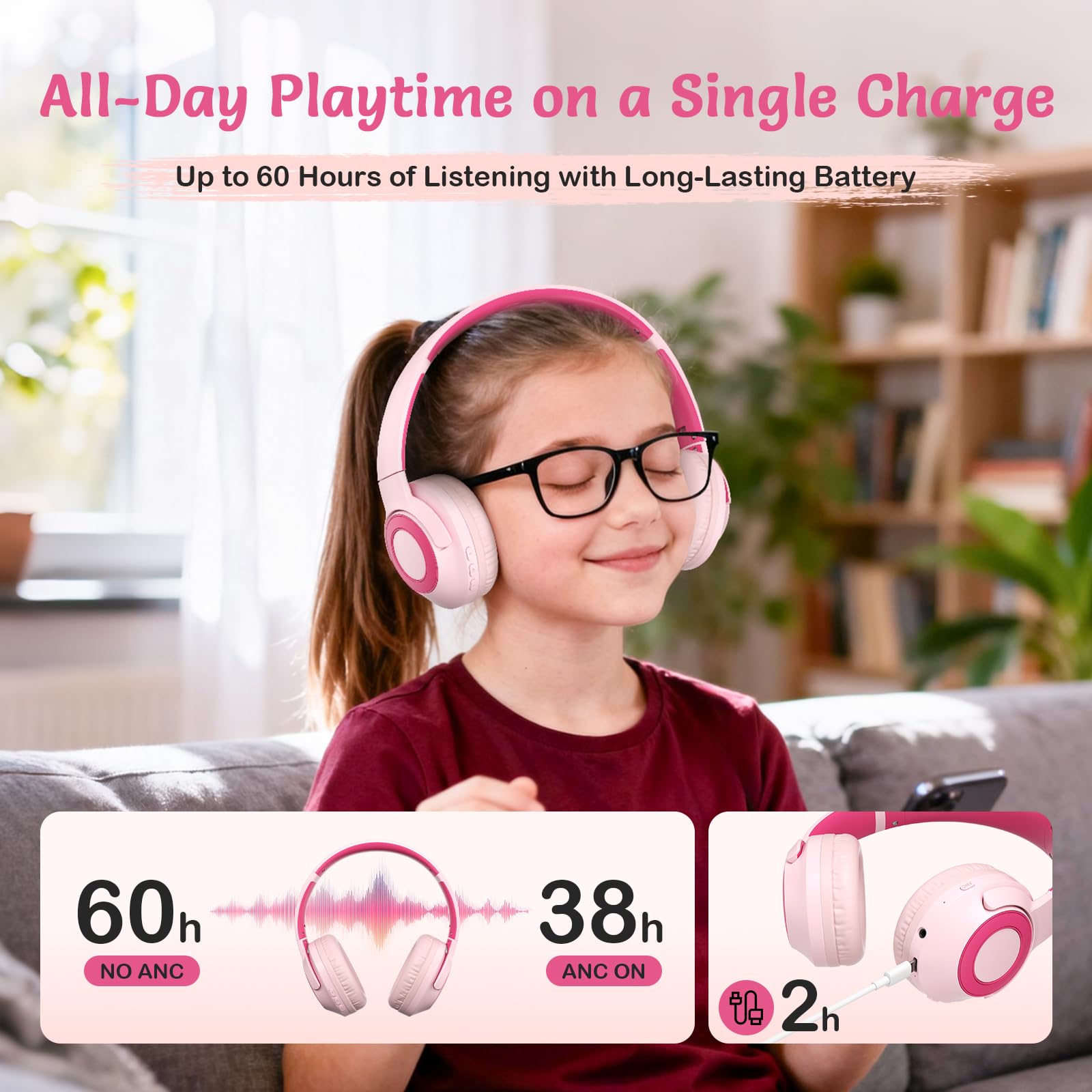 TONOSHARK Słuchawki Dla Dzieci Bluetooth, Lekkie, Redukcją Szumów, Bezprzewodowe Słuchawki Dla Dzieci, Czas Odtwarzania 60 H, Z Mikrofonem, Składane - Do Szkoły/Podróży, W Zestawie Etui (Różowy)