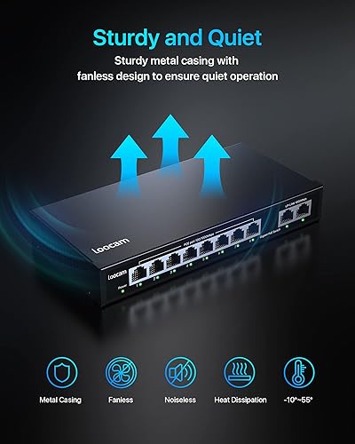 Miniatura 7 de Loocam Conmutador PoE Gigabit de 8 puertos con puerto de enlace ascendente de 2 Gigabit, 96W para 8 puertos PoE+ 1000Mbps, conmutador de red