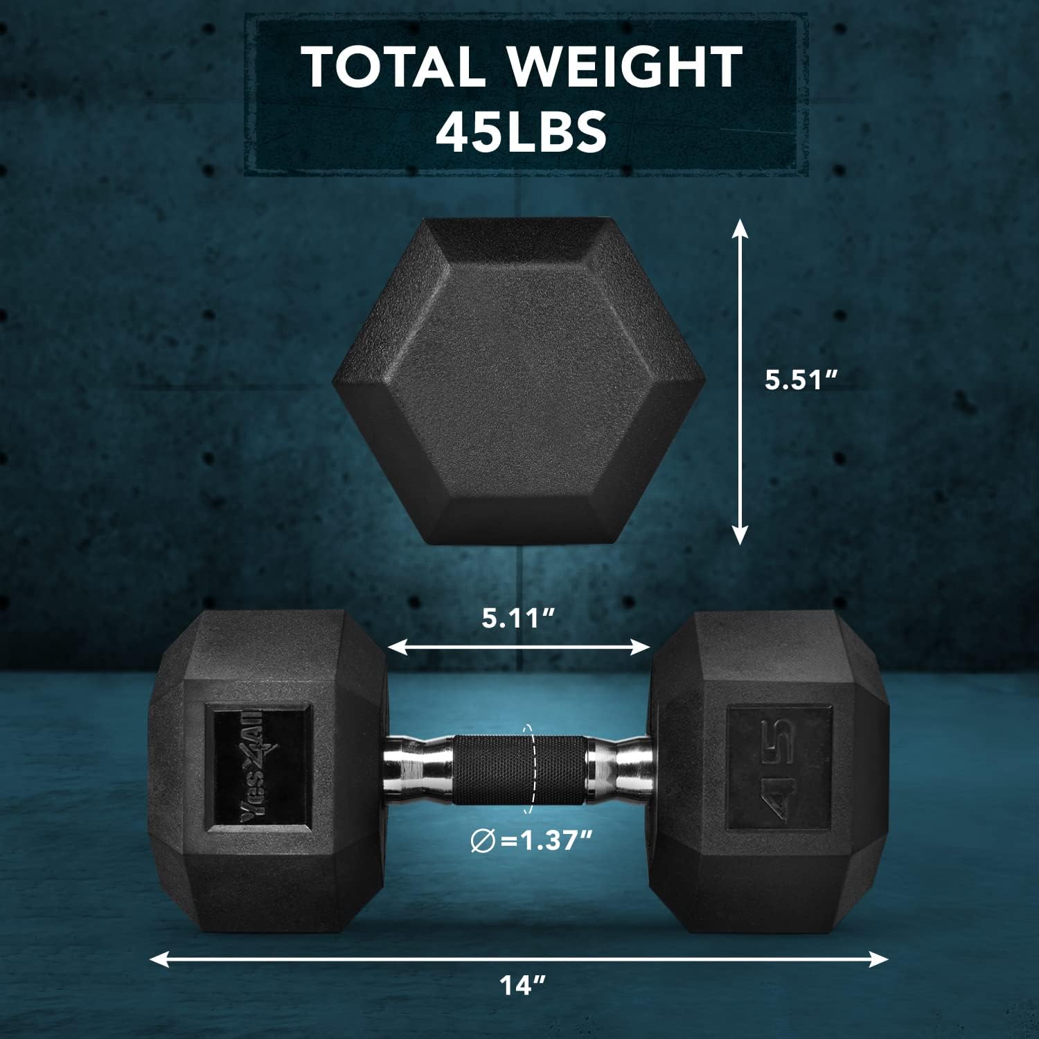 Yes4All Rubber Grip Encased Hex Dumbbell – Hand Weights With Anti-Slip 5-50 LBS Single