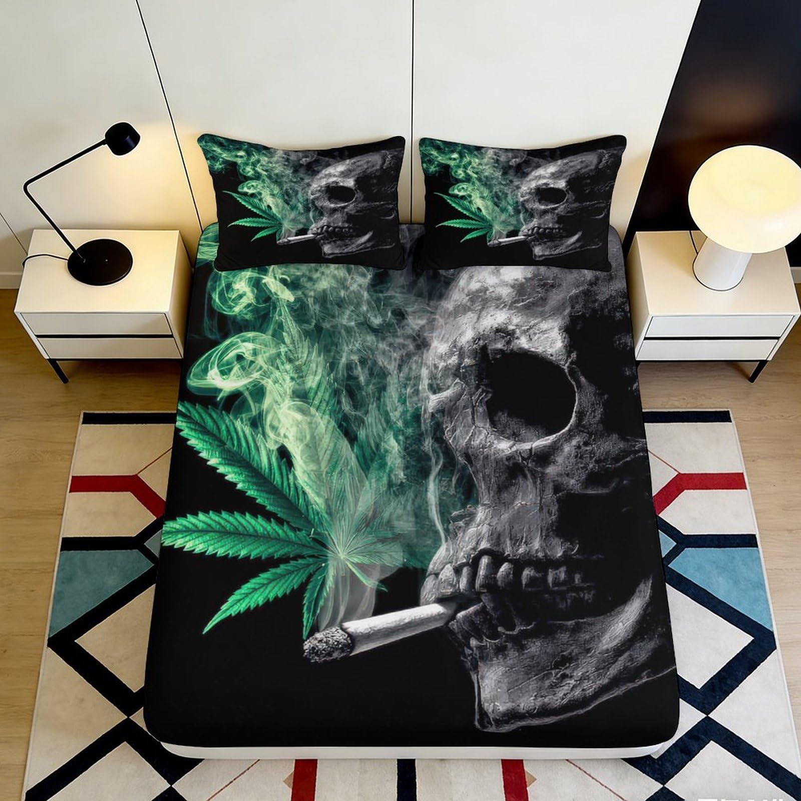 3D Printed Skull and Cannabis Leaf Fitted Sheet Microfiber Soft Breathable Smoke Pattern Bed Cover for Bedroom Dormitory Guest Room Mattress Protection 120x200x25cm