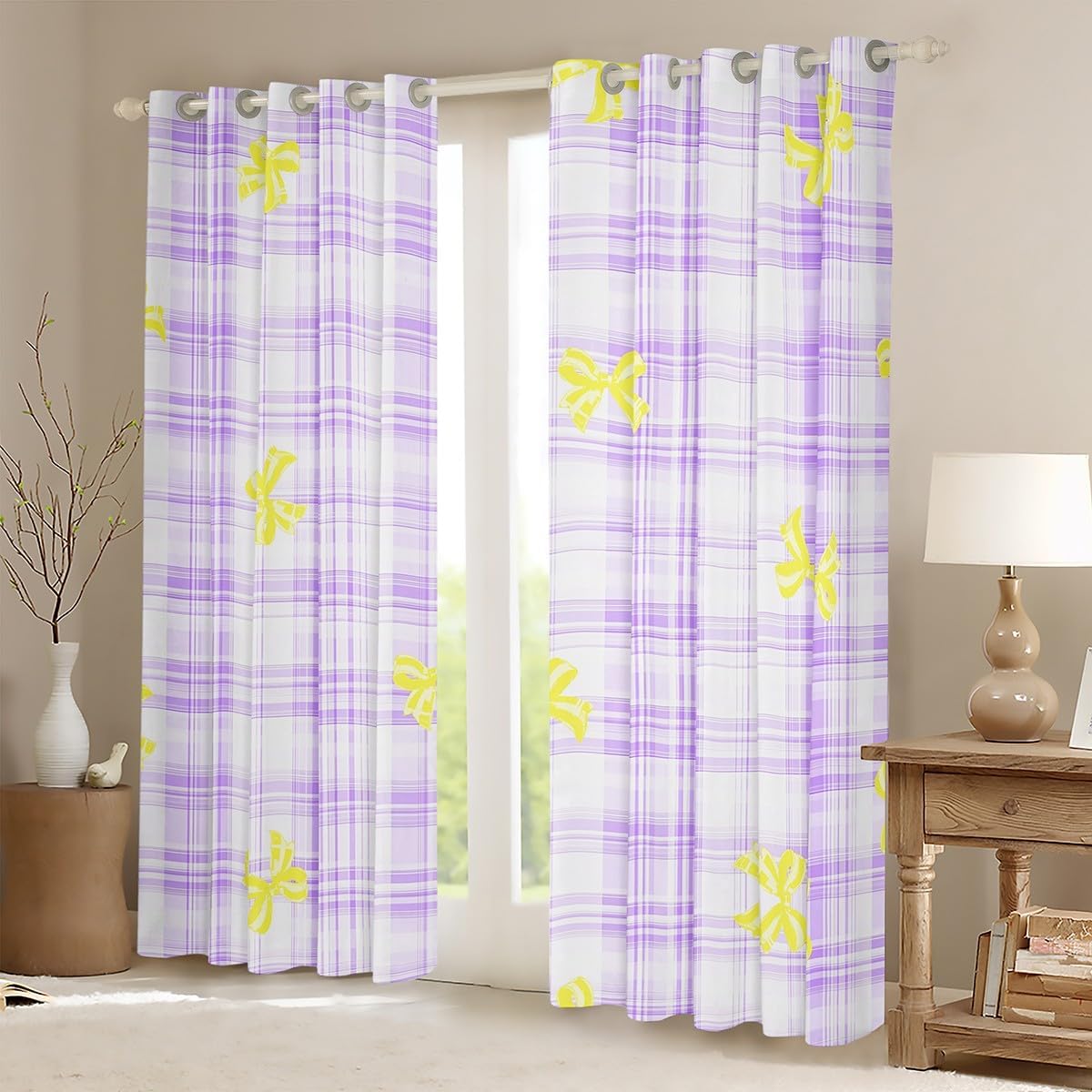 Castle Fairy Yellow Bowknot Window Curtain Set of 2 Panels,Colorful Bow-tie Princess Style Blackout Curtains,Purple Geometric Line Grid Window Drapes for Kids Boys Room Decor,52Wx63L Inches,Green