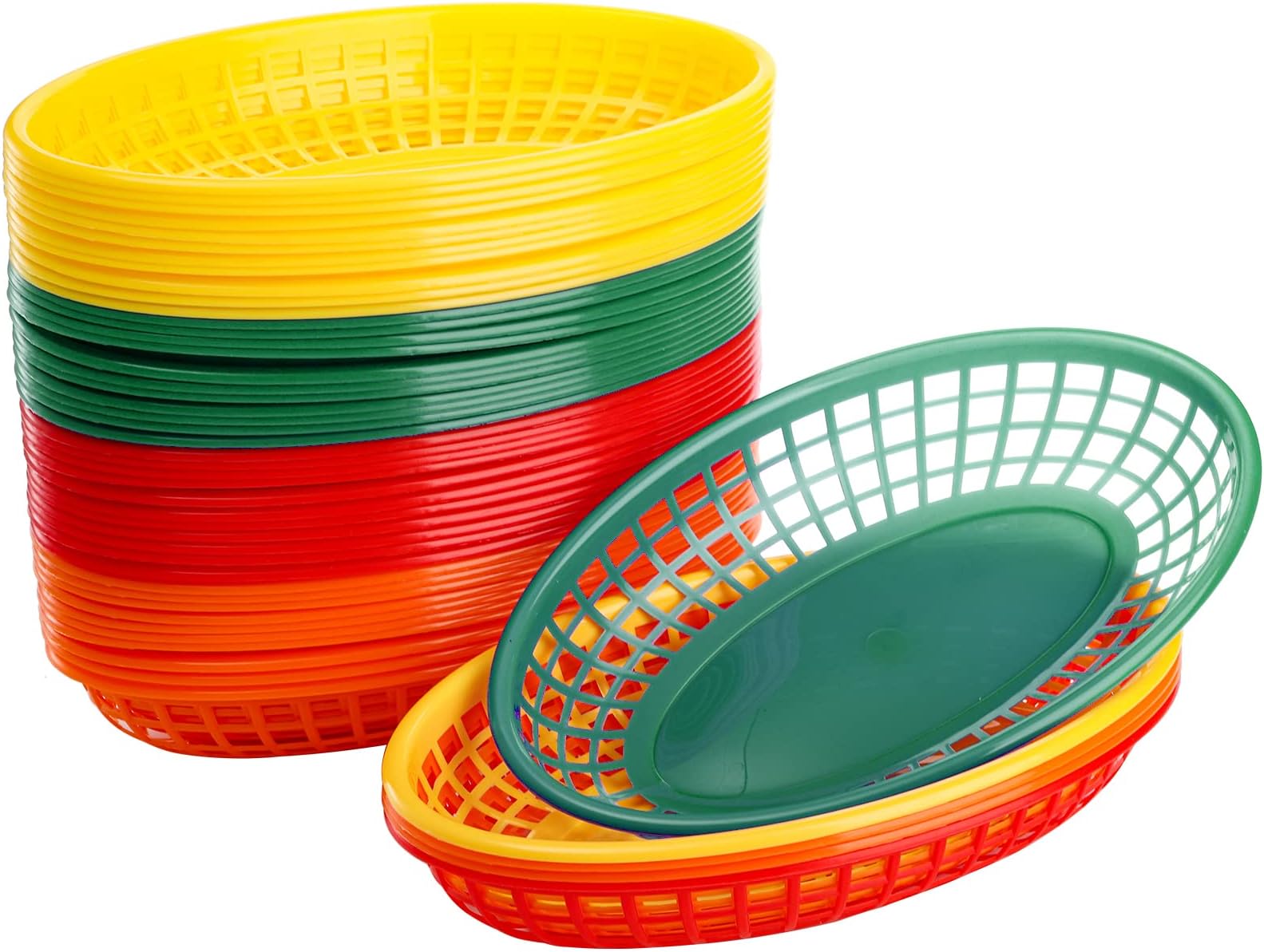 Kingrol 48 Pack Oval Fast Food Baskets for Parties, Carnivals, Fairs, and Picnic - Colorful Plastic Storage Basket Bins for Home, Office, School