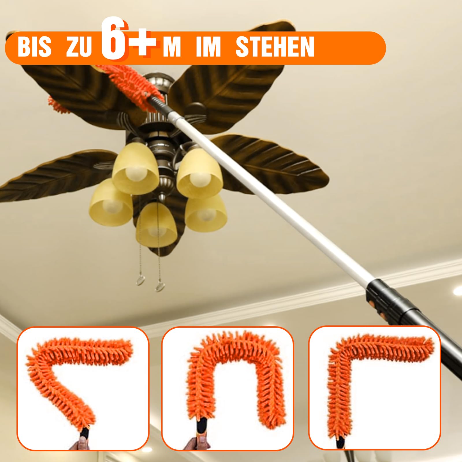 LAANPOLE 6M Staubwedel Teleskop Waschbar, Spinnwebenbesen mit Teleskopstiel, Staubwedel lang mit austauschbarem Reinigungstuch zum Reinigen von Deckenventilatoren, Decken, Lücken