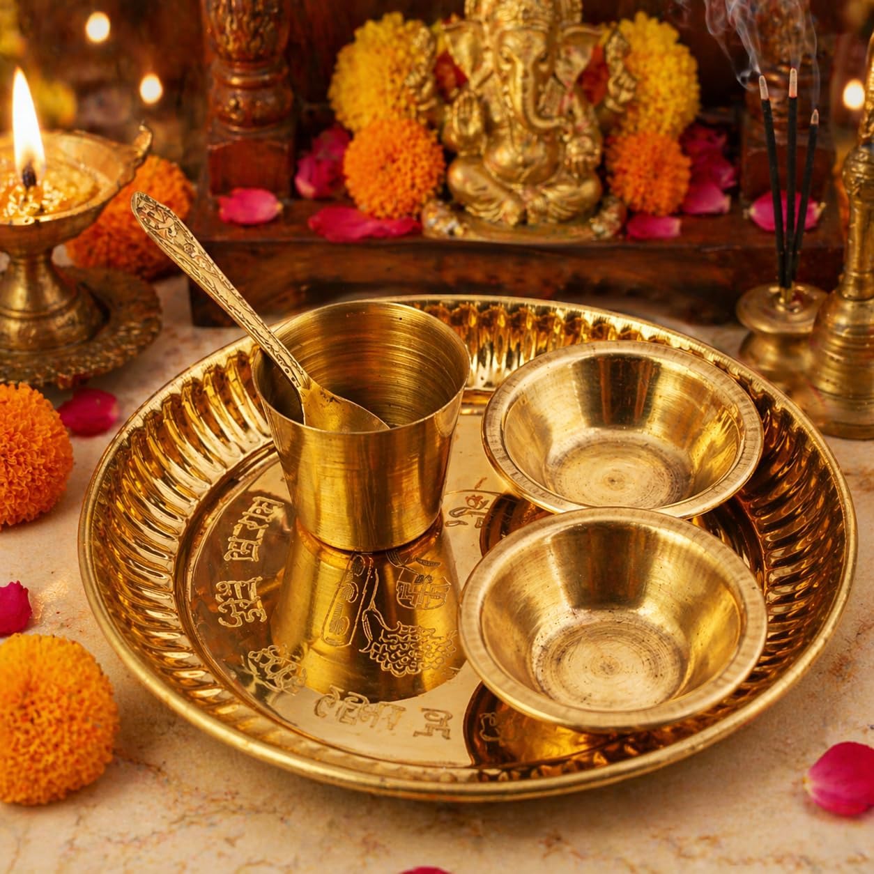 Brass Bhog Thali Set with Glass, Bowls & Spoon – Traditional Pooja Thali Set for Temple, Home Plate, Festive & Spiritual Use
