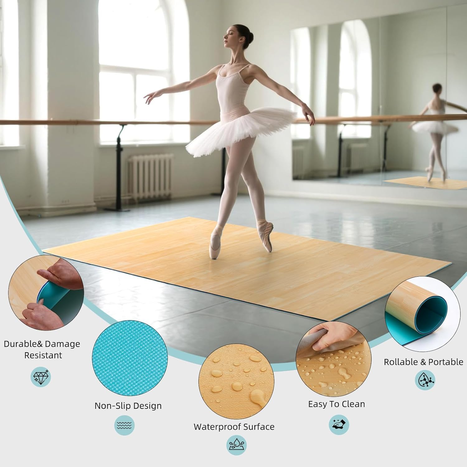 Marley Dance Floor, Portable PVC Dance Mat 4x6 Feet with Carry Bag Non-Slip Shock-Absorbing Vinyl Flooring for Ballet Jazz Tap Home Studio Practice -4.5MM Thick for Adults and Kids