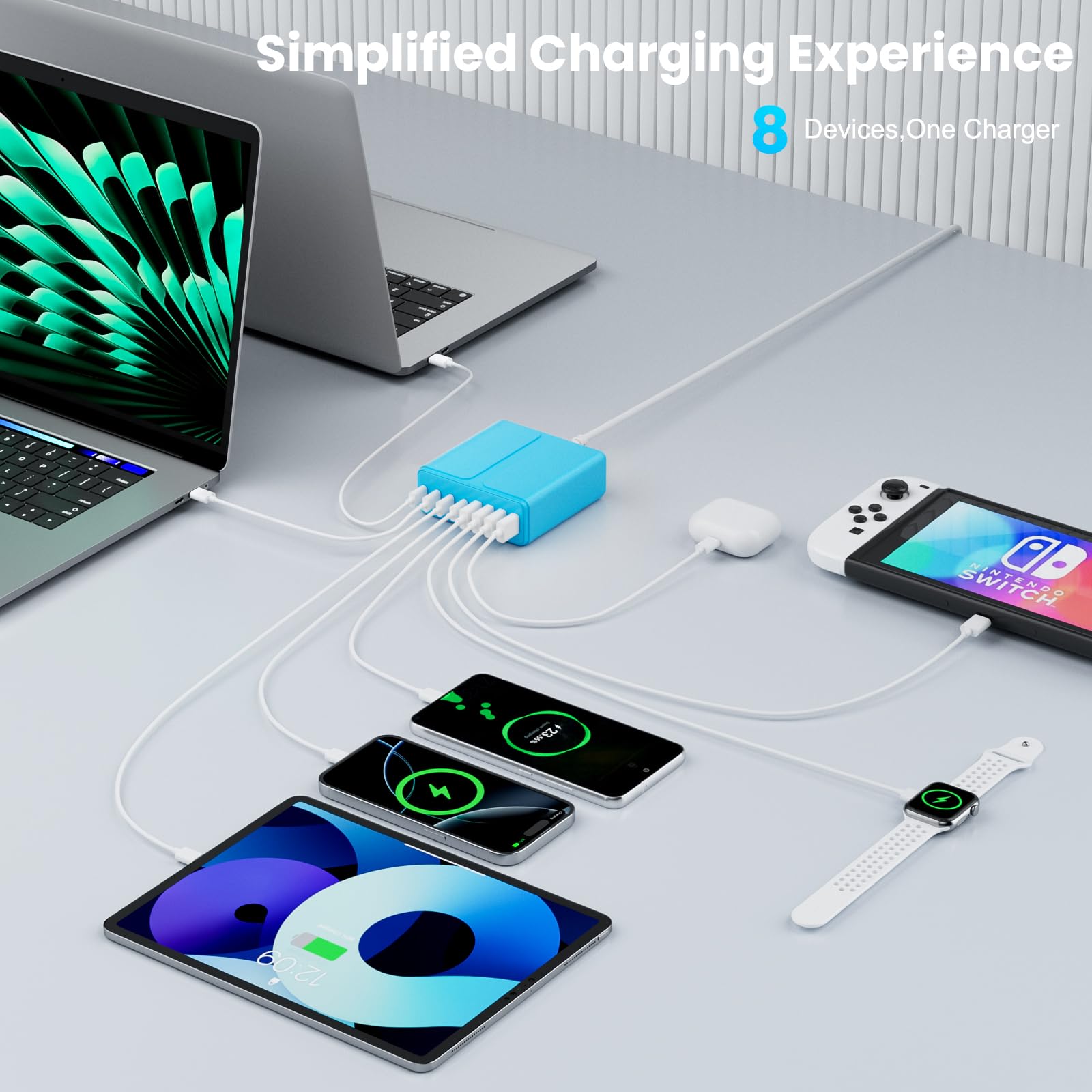 Bloque de carga USB C de 320 W, estación de carga USB C de 8 puertos PD 65 W para PC, adaptador de cargador rápido para MacBookPro/Air, DELL, iPad, estación de carga portátil para iPhone