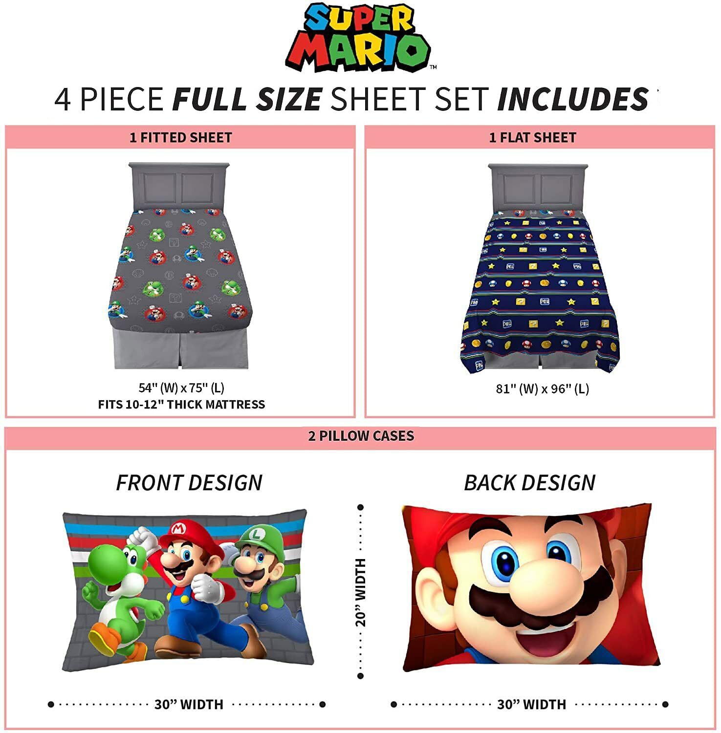 SUPER MARIO Trifecta Fun 4-Piece Full Sheet Set