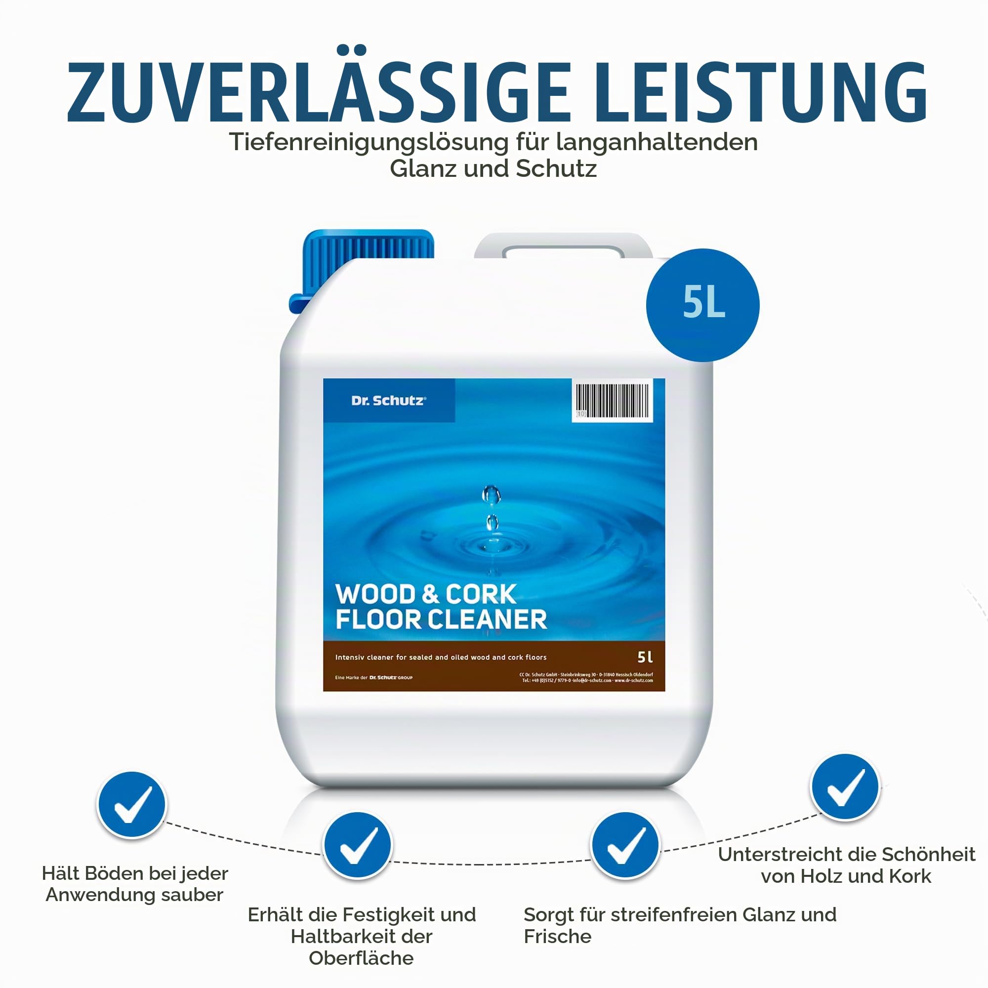 Dr. Schutz Parkett und Kork Reiniger 5 L | entfernt Schmutzablagerungen und löst Fettflecken | geeignet für die Unterhaltsreinigung und Bauschlussreinigung | lösemittelfrei | Made in Germany